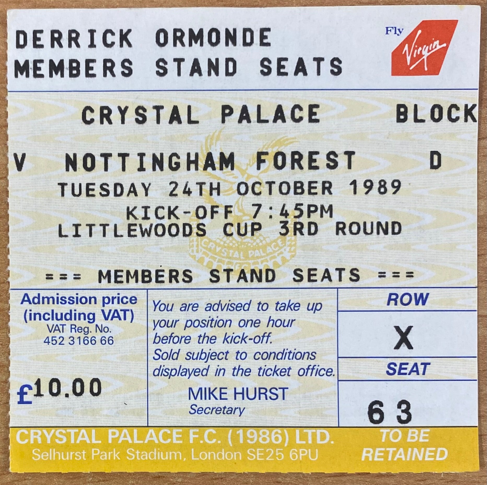 1989/90 ORIGINAL LITTLEWOODS CUP 3RD ROUND TICKET CRYSTAL PALACE V NOTTINGHAM FOREST