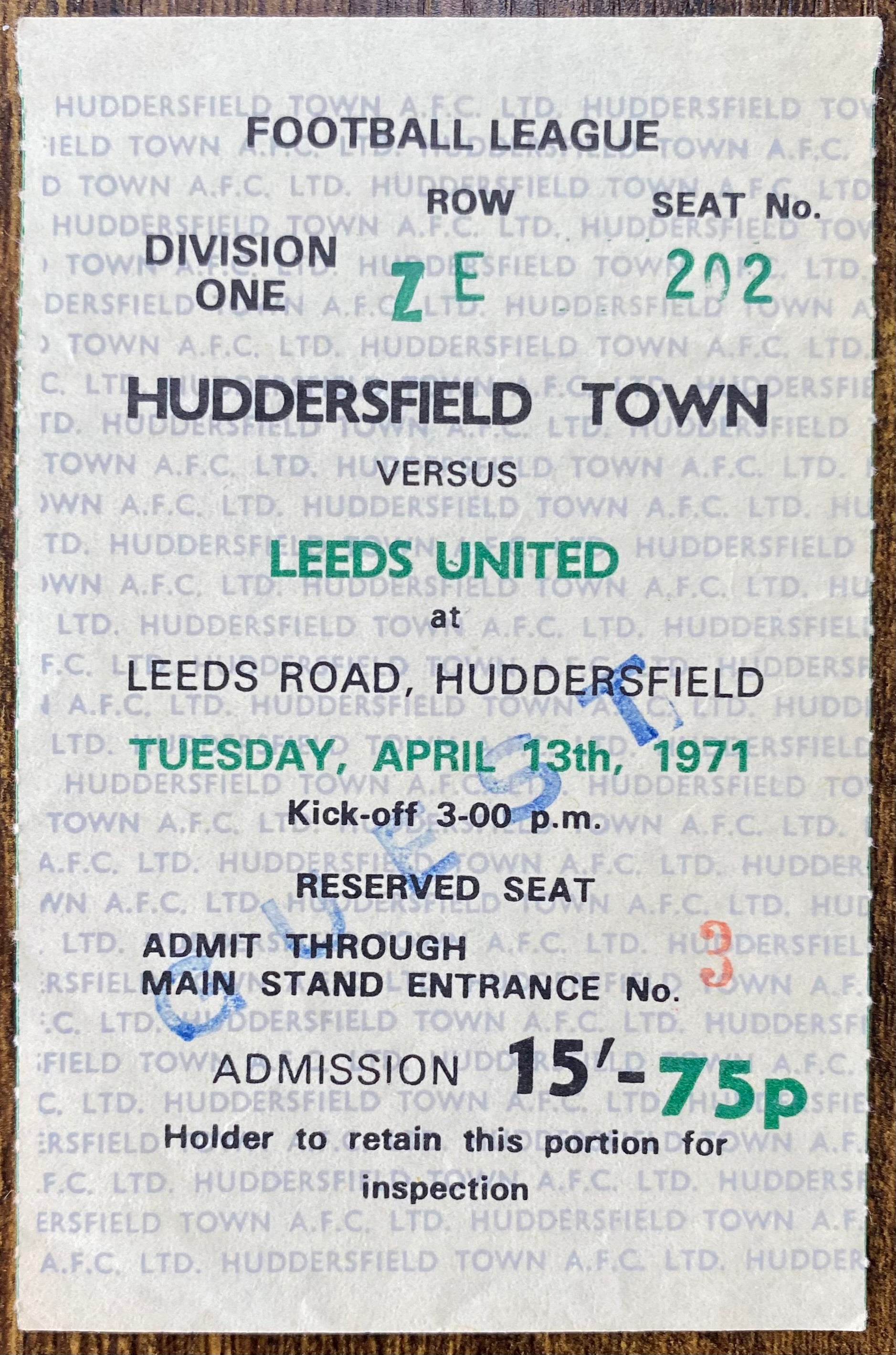 1970/71 ORIGINAL DIVISION 1 TICKET HUDDERSFIELD TOWN V LEEDS UNITED