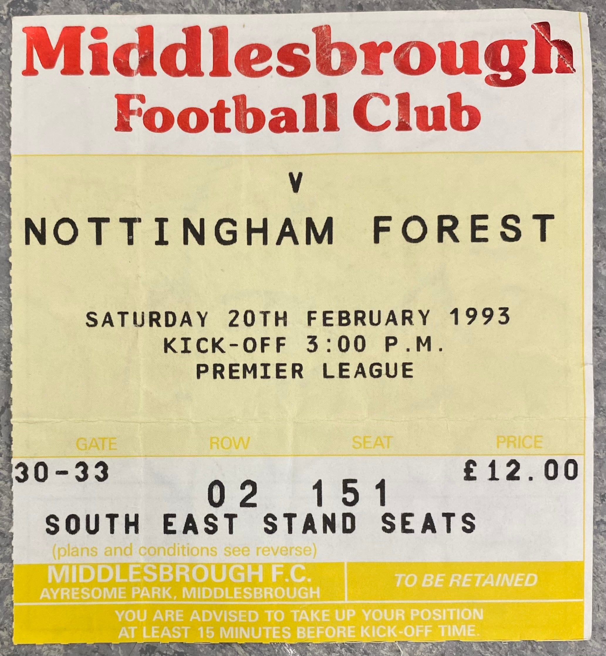 1992/93 ORIGINAL PREMIER LEAGUE TICKET MIDDLESBROUGH V NOTTINGHAM FOREST