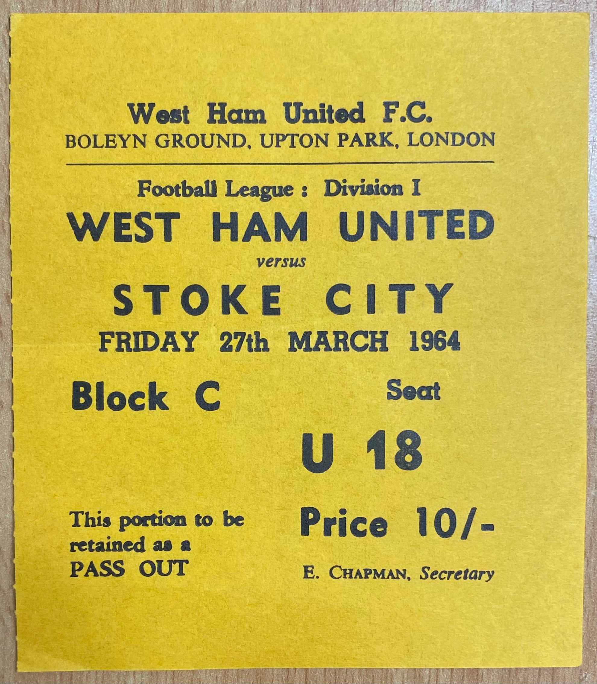 1963/64 ORIGINAL DIVISION ONE TICKET WEST HAM UNITED V STOKE CITY