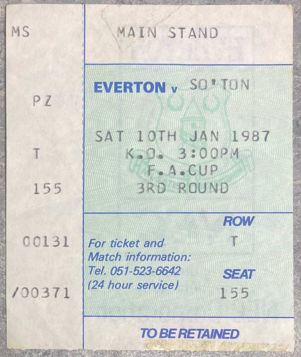 1986/87 ORIGINAL FA CUP 3RD ROUND TICKET EVERTON V SOUTHAMPTON