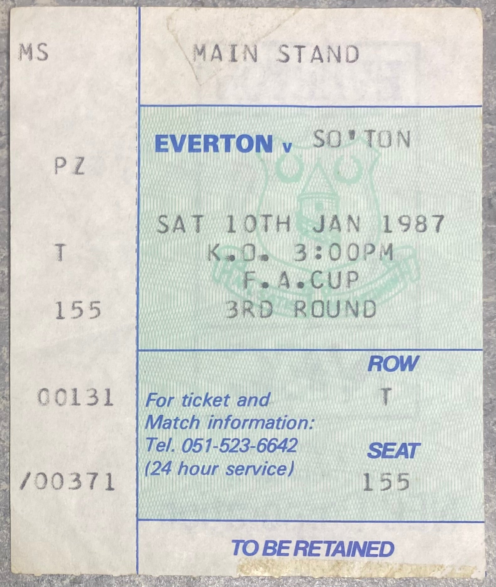 1986/87 ORIGINAL FA CUP 3RD ROUND TICKET EVERTON V SOUTHAMPTON