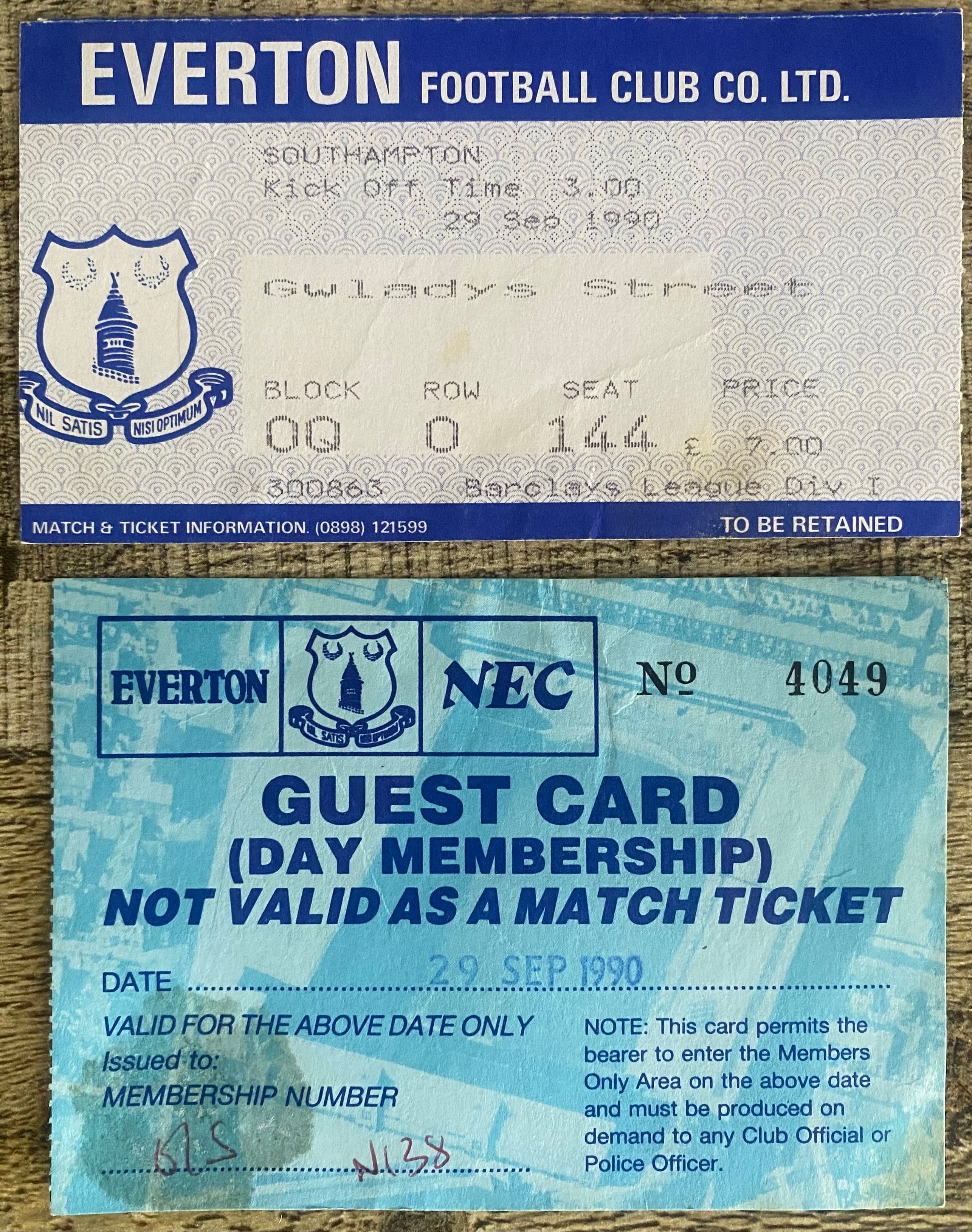 1990/91 ORIGINAL DIVISION ONE TICKET EVERTON V SOUTHAMPTON + GUEST CARD