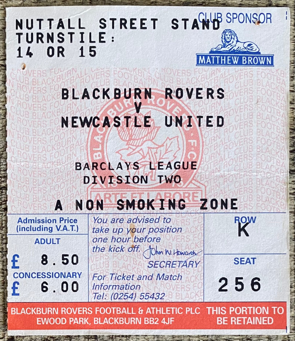 1991/92 ORIGINAL DIVISION 2 TICKET BLACKBURN ROVERS V NEWCASTLE UNITED