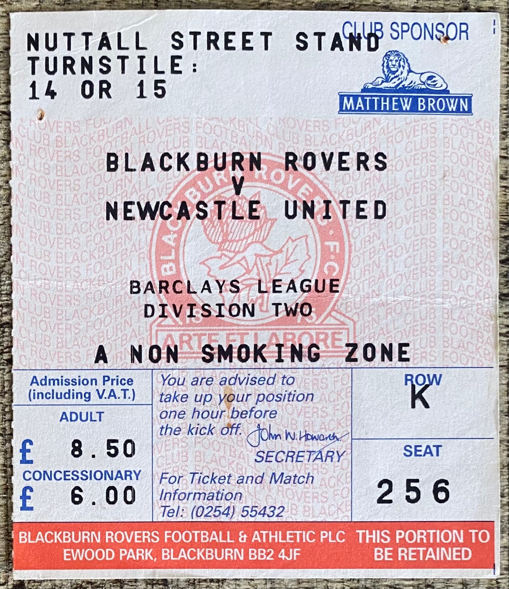 1991/92 ORIGINAL DIVISION 2 TICKET BLACKBURN ROVERS V NEWCASTLE UNITED