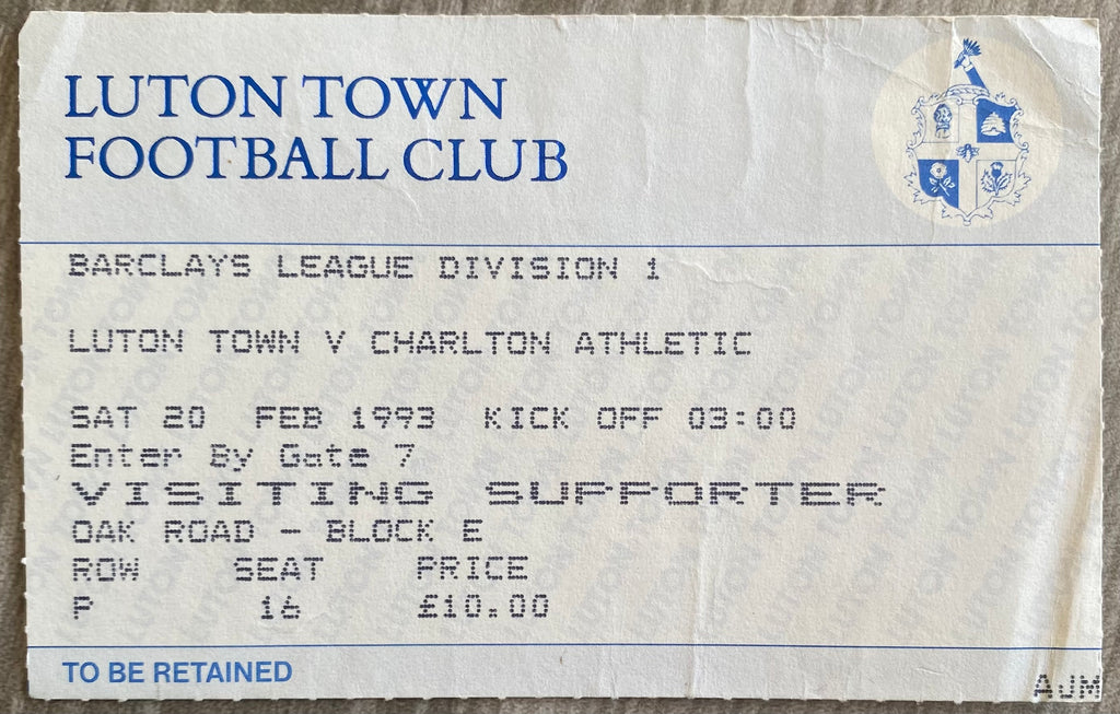 1992/93 ORIGINAL DIVISION 1 TICKET LUTON TOWN V CHARLTON ATHLETIC