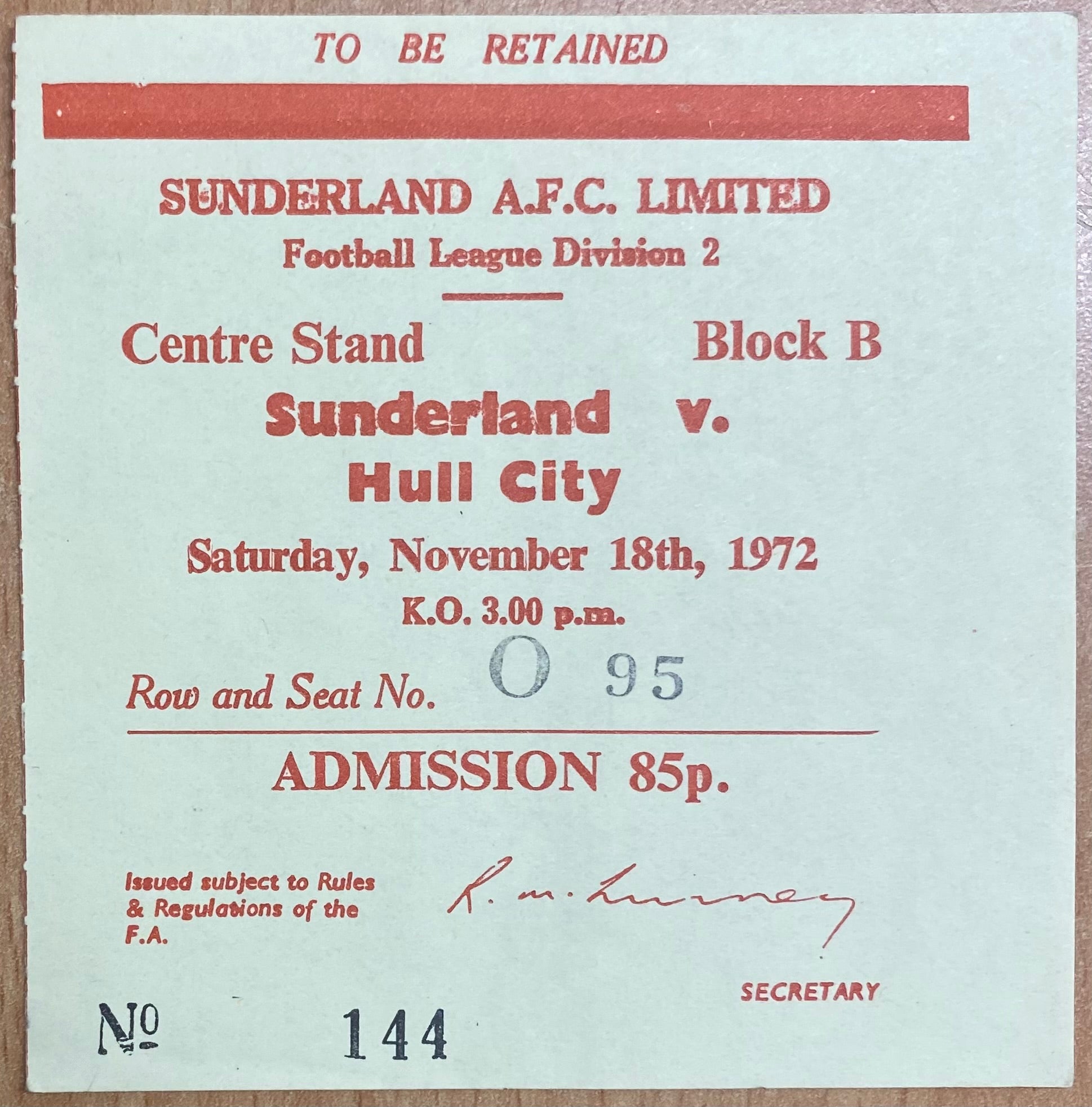 1972/73 ORIGINAL DIVISION 2 TICKET SUNDERLAND V HULL CITY
