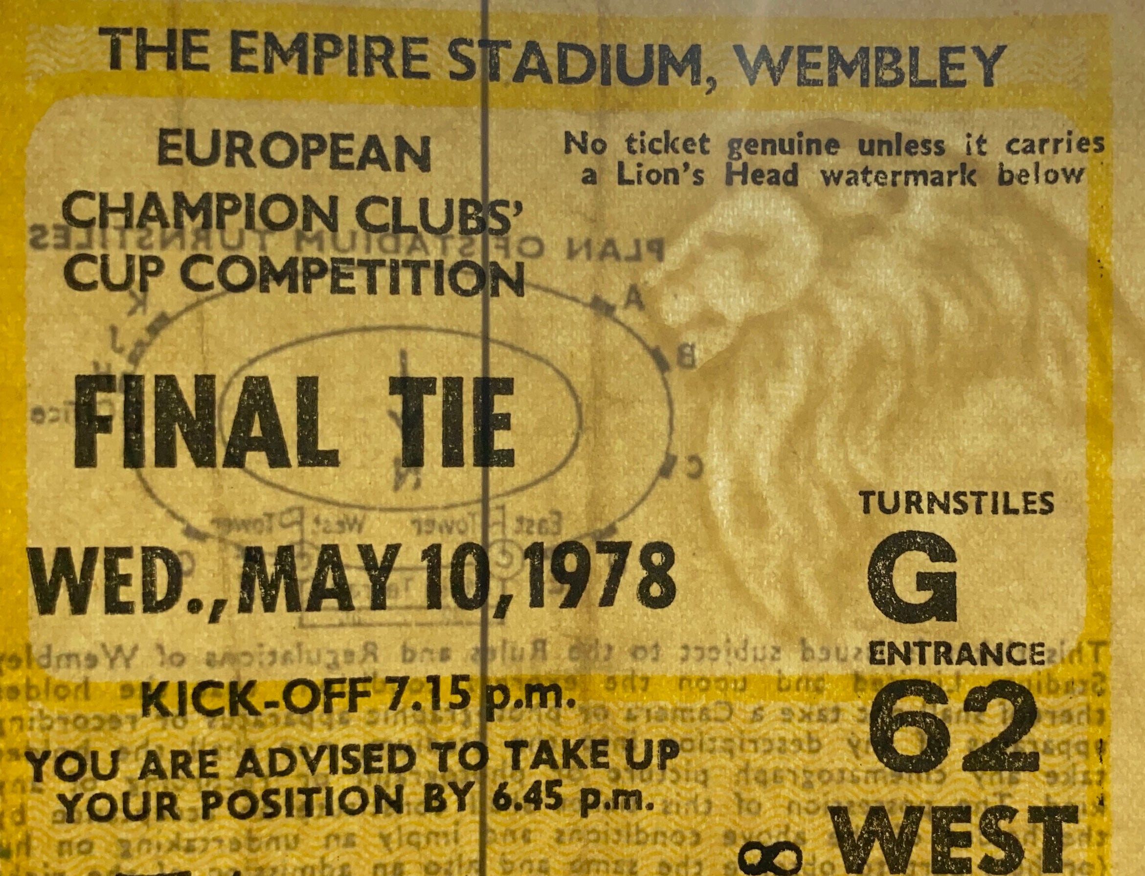 1978 ORIGINAL EUROPEAN CUP FINAL TICKET LIVERPOOL V FC BRUGES @ WEMBLEY