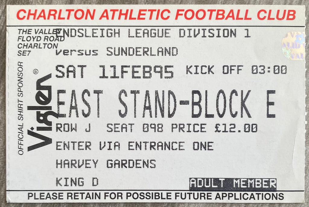 1994/95 ORIGINAL DIVISION 1 TICKET CHARLTON ATHLETIC V SUNDERLAND