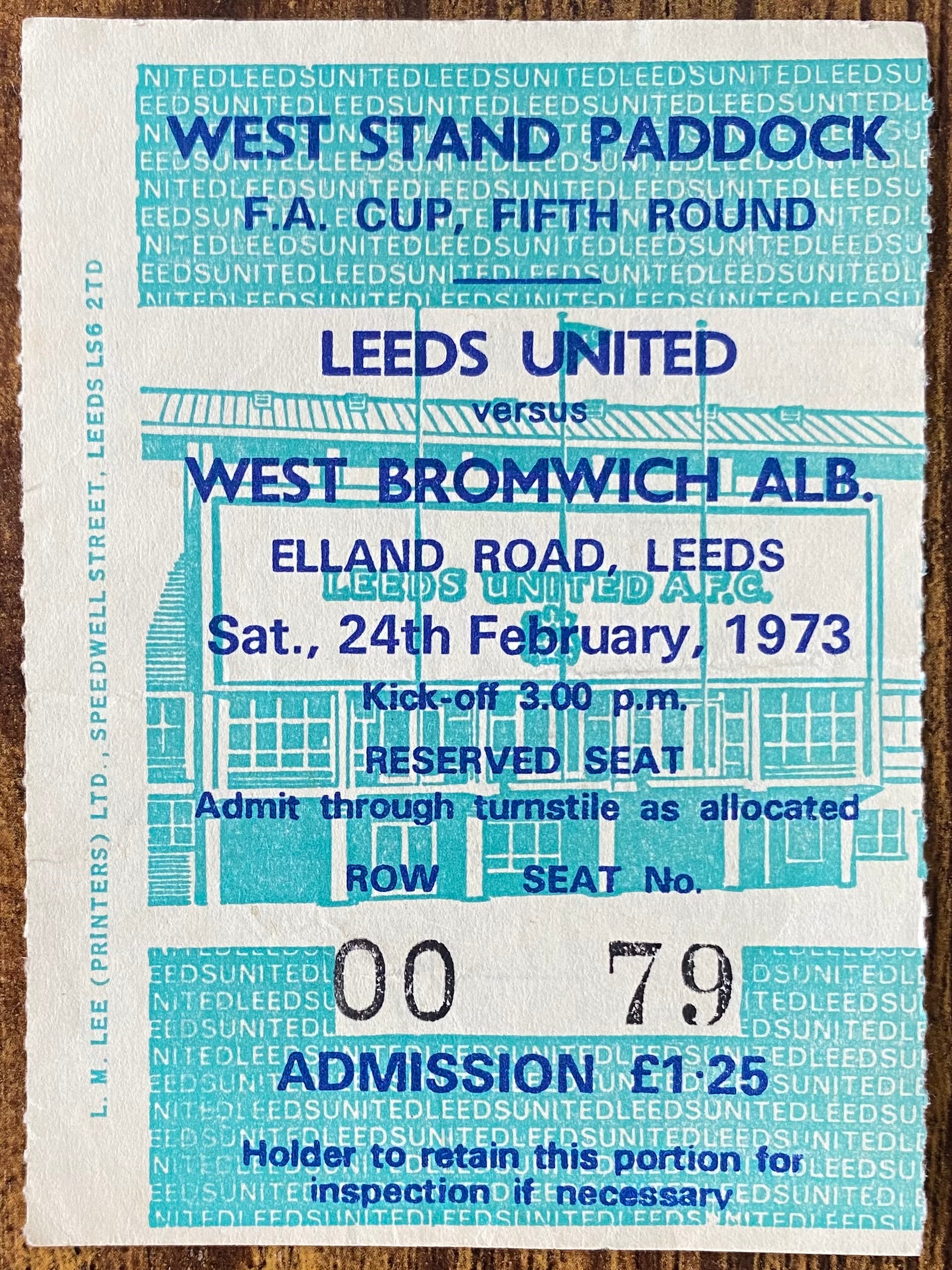 1972/73 ORIGINAL FA CUP 5TH ROUND TICKET LEEDS UNITED V WEST BROMWICH ALBION