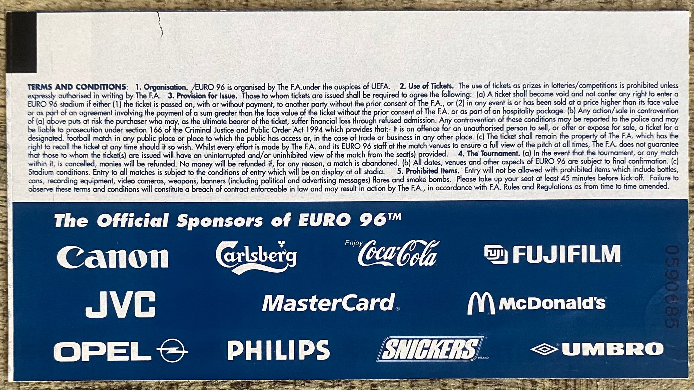 1996 ORIGINAL EUROPEAN CHAMPIONSHIPS EURO 96 OPENING MATCH TICKET ENGLAND V SWITZERLAND @ WEMBLEY