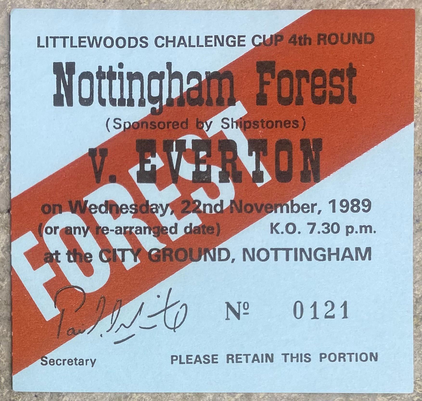 1989/90 ORIGINAL LITTLEWOODS CUP 4TH ROUND TICKET NOTTINGHAM FOREST V EVERTON