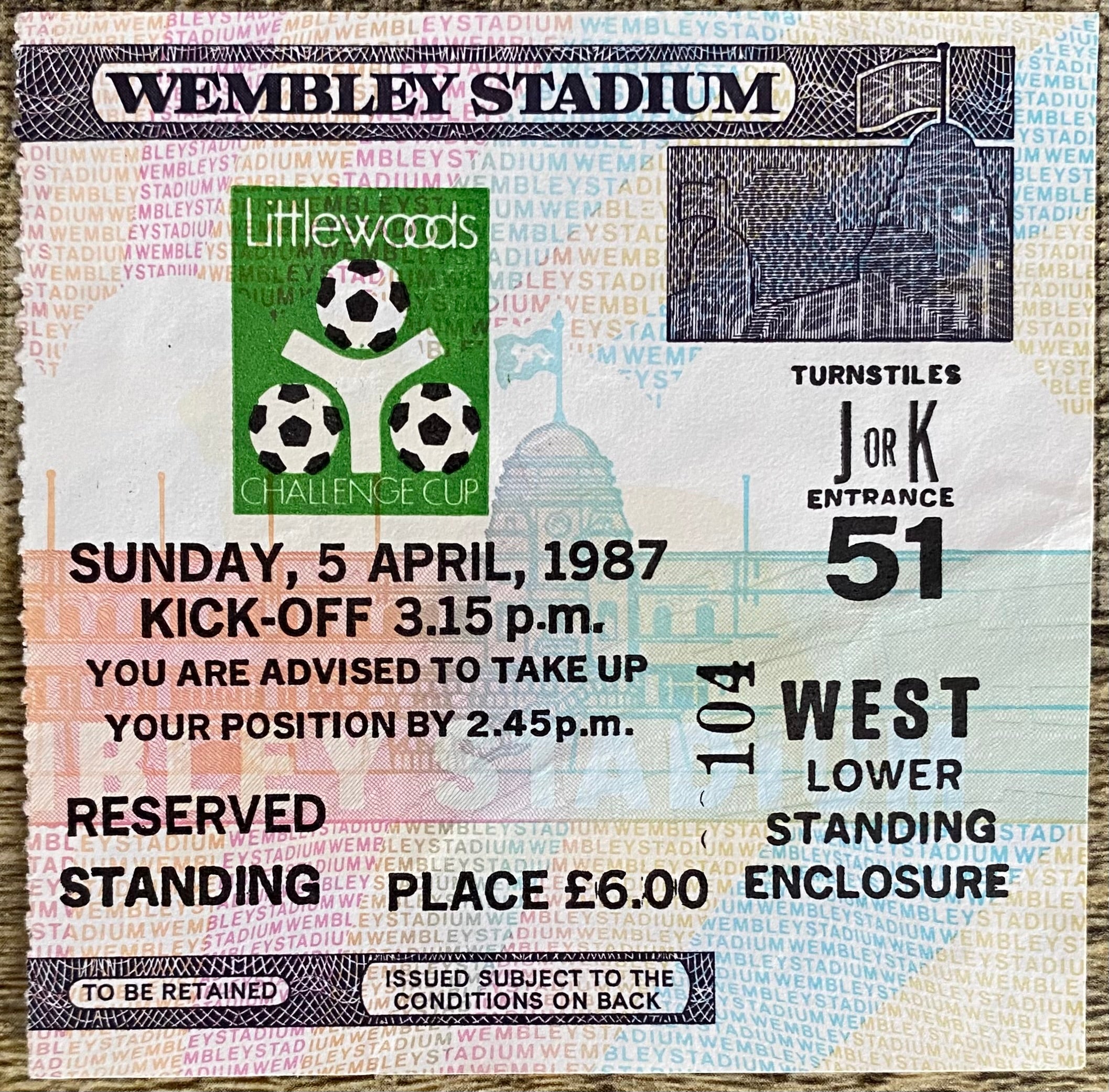 1987 ORIGINAL LITTLEWOODS CUP FINAL TICKET LIVERPOOL V ARSENAL