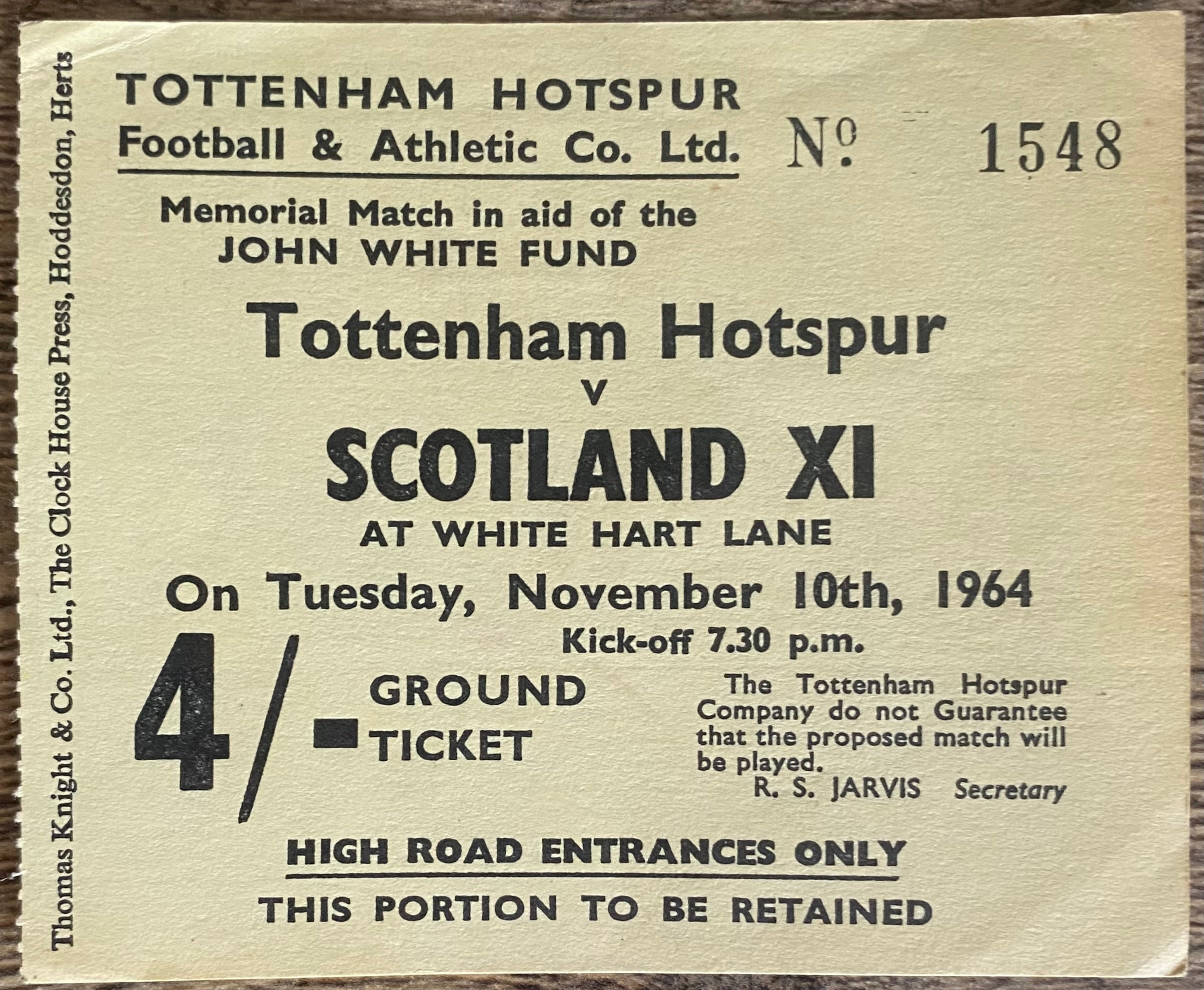 1964/65 ORIGINAL JOHN WHITE MEMORIAL MATCH TICKET TOTTENHAM HOTSPUR V SCOTLAND XI