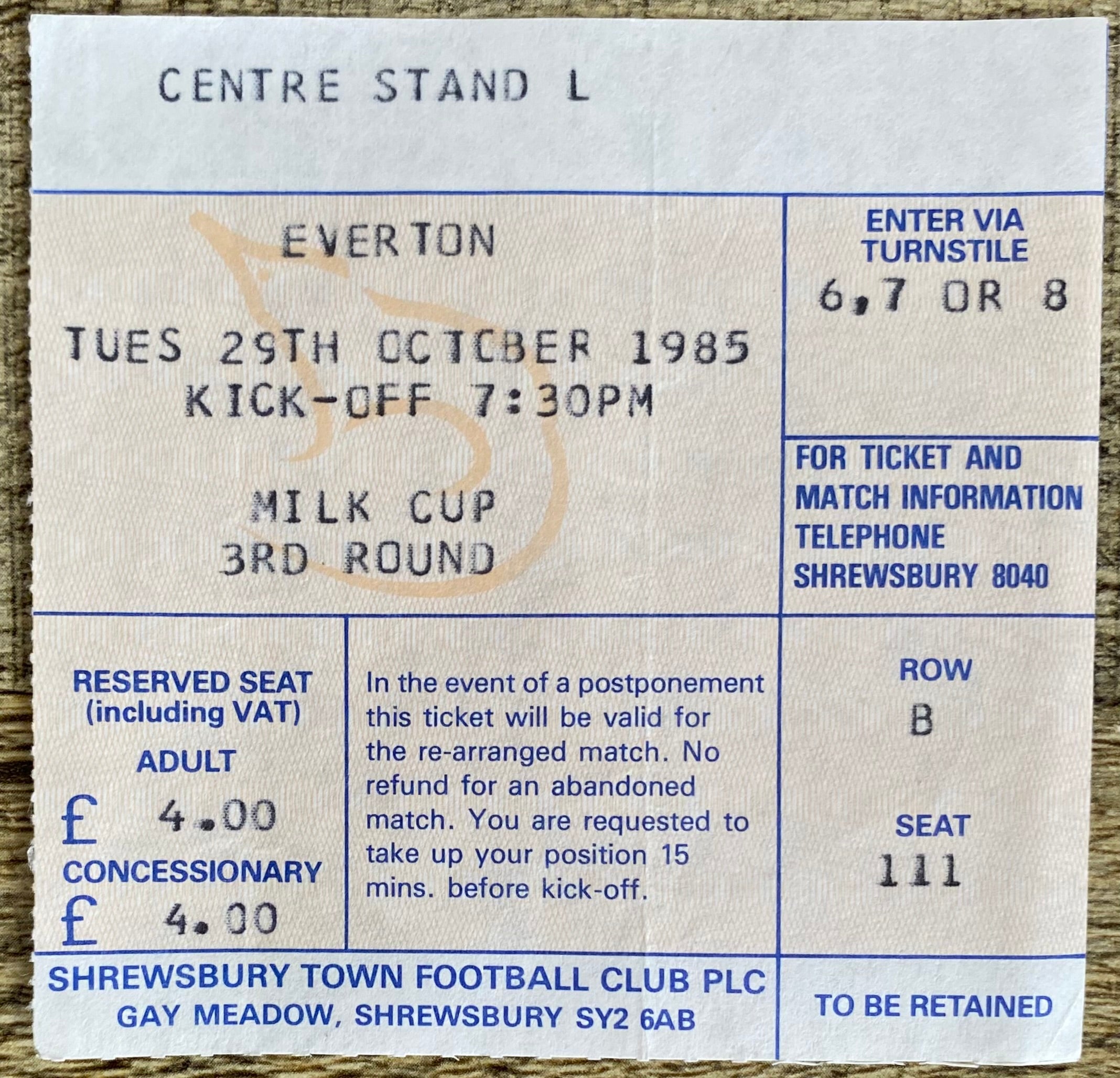 1985/86 ORIGINAL MILK CUP 3RD ROUND TICKET SHREWSBURY TOWN V EVERTON