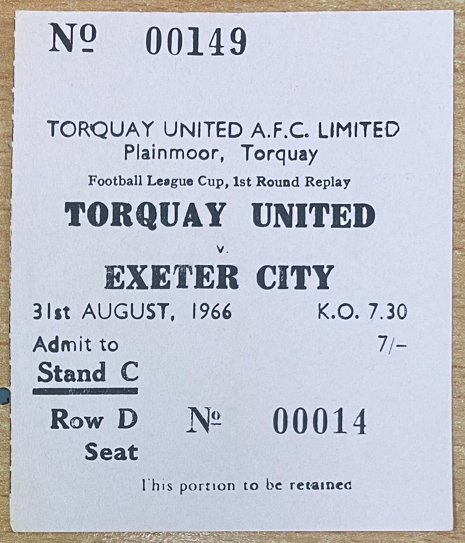 1966/67 ORIGINAL LEAGUE CUP 1ST ROUND REPLAY TICKET TORQUAY UNITED V EXETER CITY