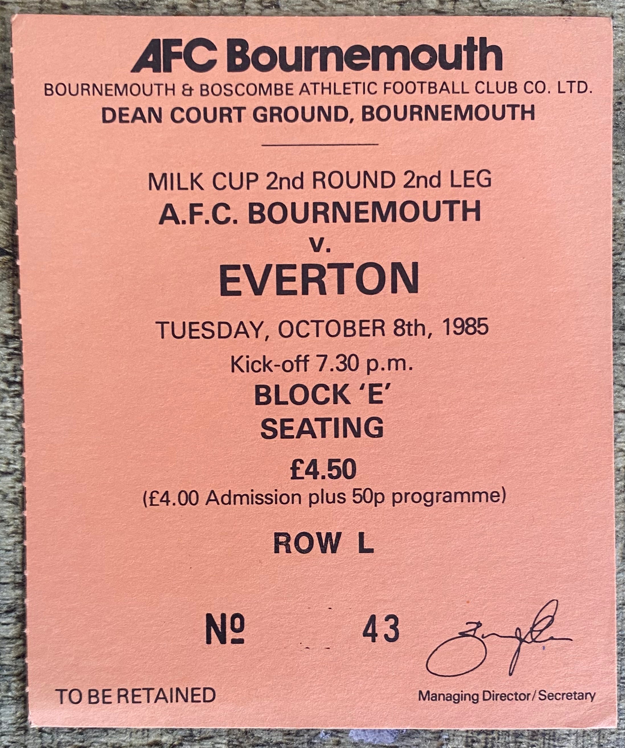 1985/86 ORIGINAL MILK CUP 2ND ROUND 2ND LEG TICKET AFC BOURNEMOUTH V EVERTON