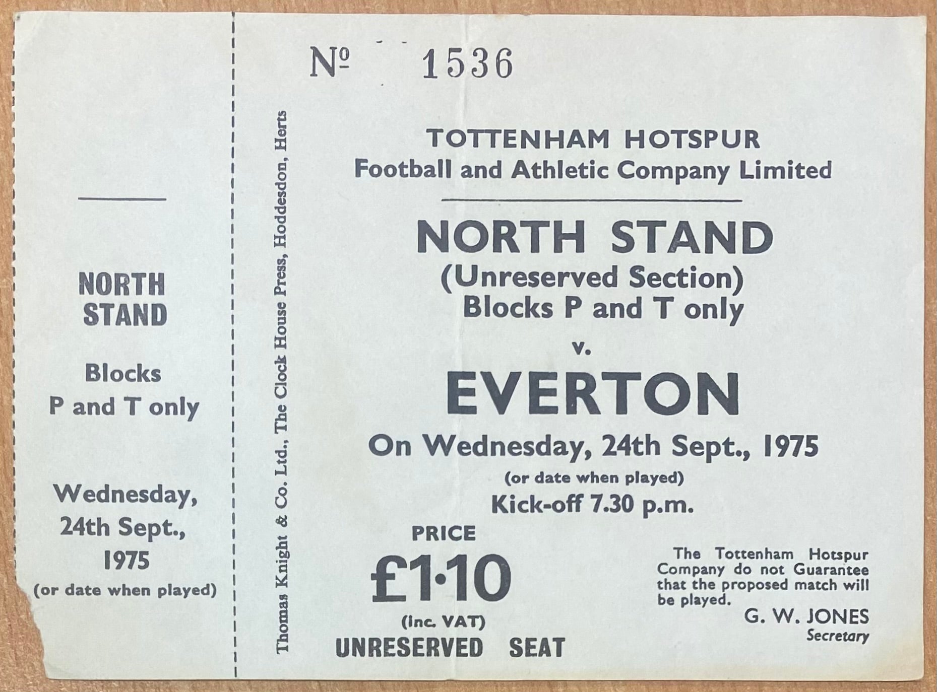 1975/76 ORIGINAL DIVISION ONE UNUSED TICKET TOTTENHAM HOTSPUR V EVERTON