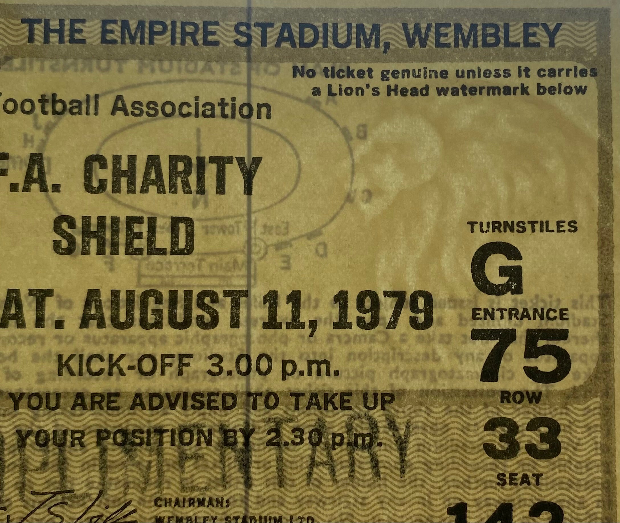 1979 ORIGINAL CHARITY SHIELD UNUSED TICKET LIVERPOOL V ARSENAL