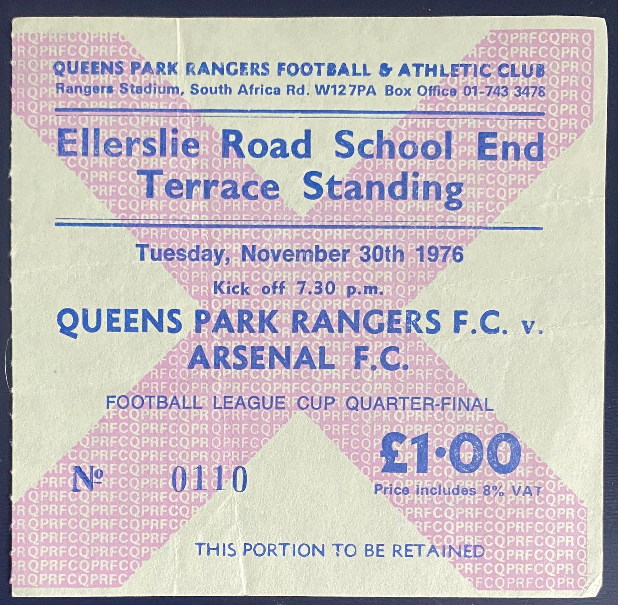 1976/77 ORIGINAL LEAGUE CUP 5TH ROUND TICKET QUEENS PARK RANGERS V ARSENAL