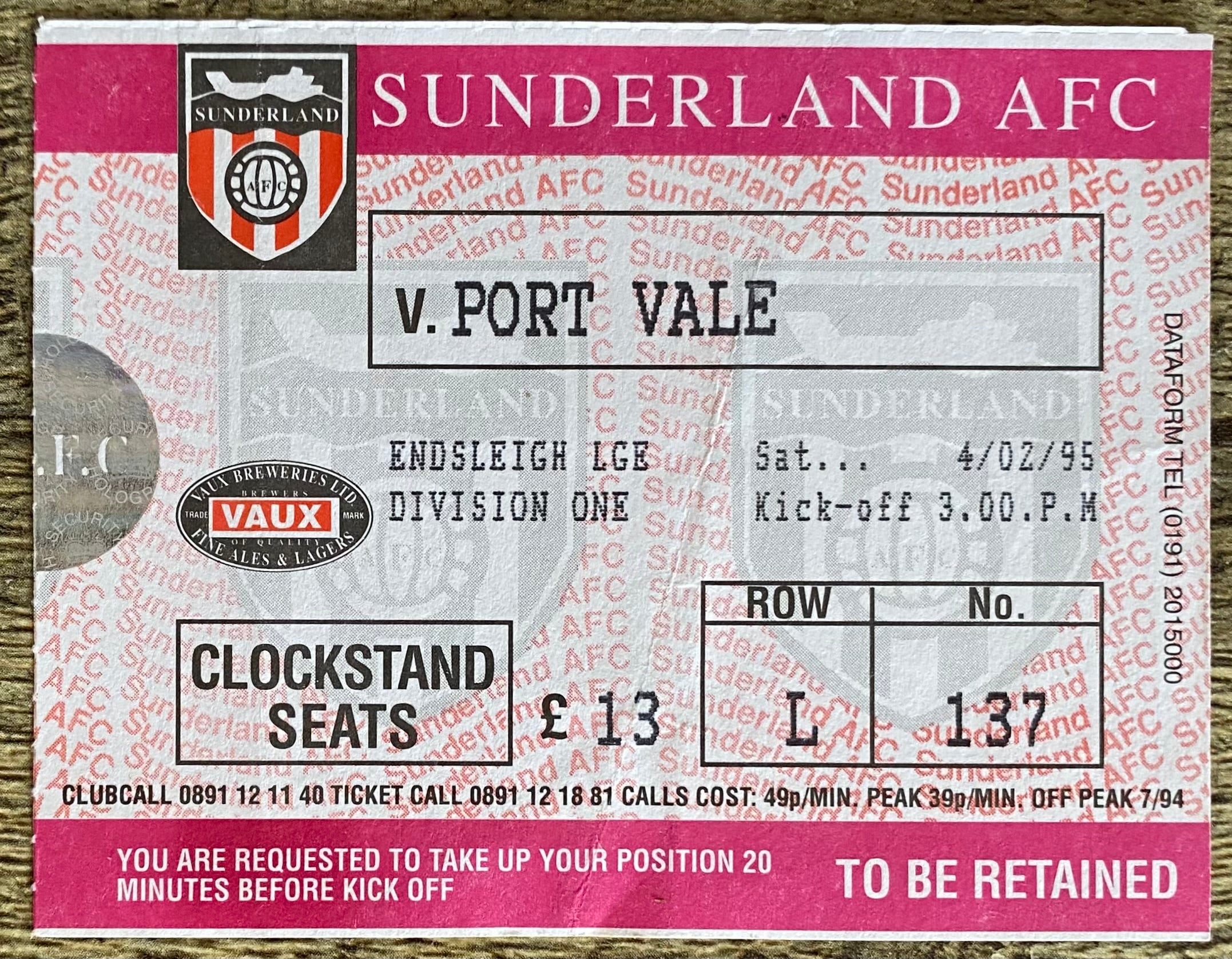 1994/95 ORIGINAL DIVISION ONE TICKET SUNDERLAND v PORT VALE