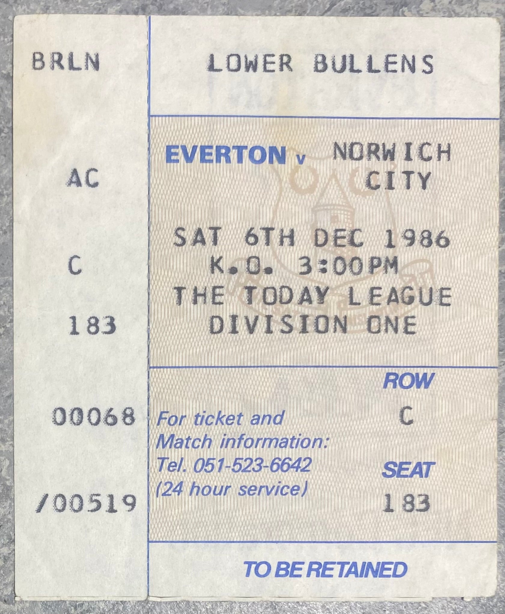 1986/87 ORIGINAL DIVISION ONE TICKET EVERTON V NORWICH CITY