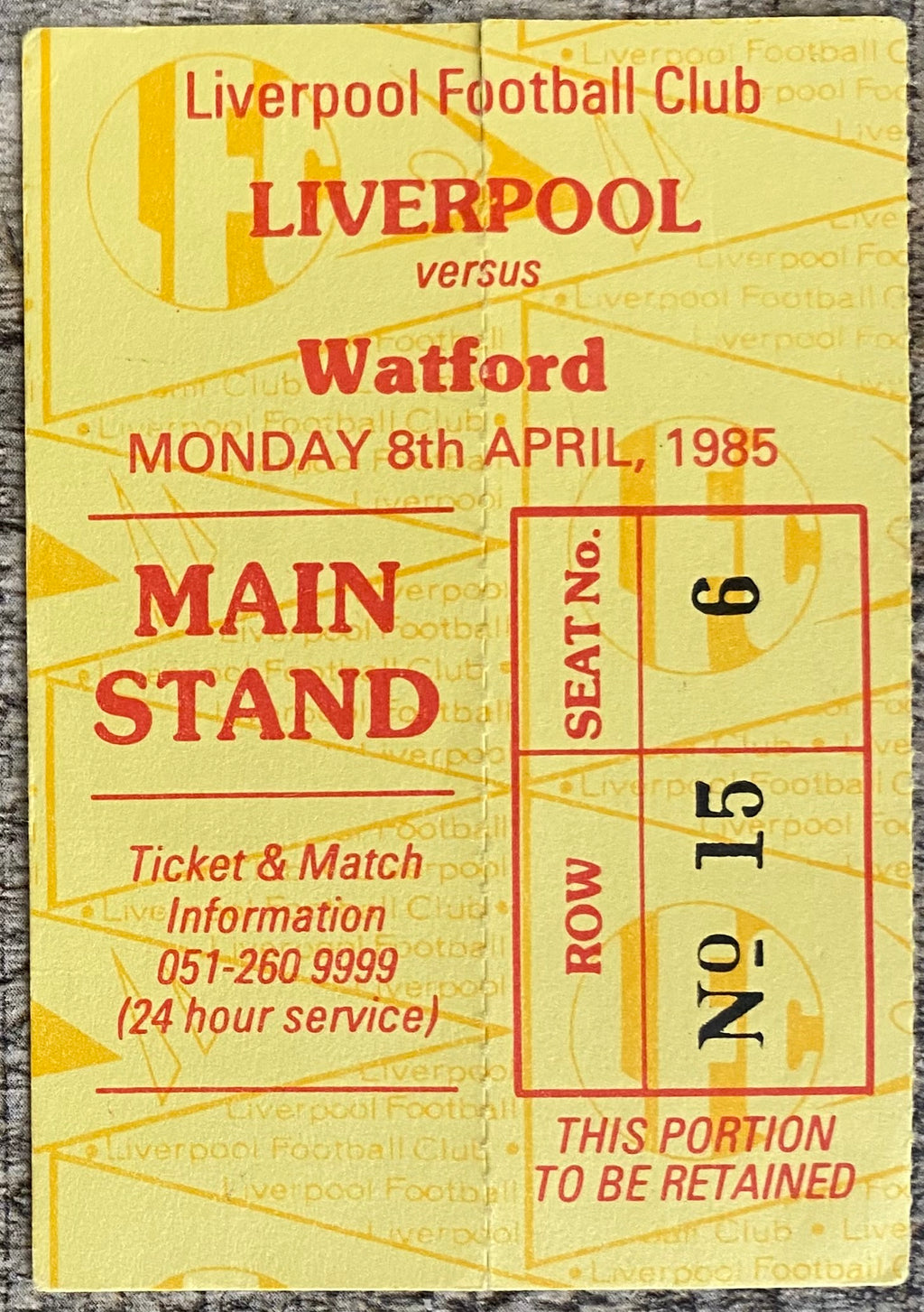 1984/85 ORIGINAL DIVISION ONE TICKET LIVERPOOL V WATFORD