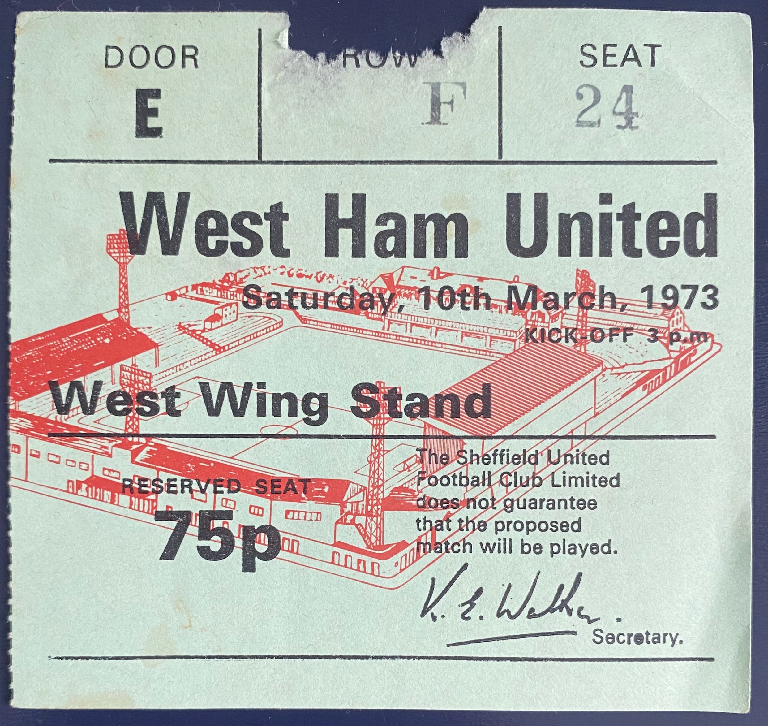 1972/73 ORIGINAL DIVISION 1 TICKET SHEFFIELD UNITED V WEST HAM UNITED