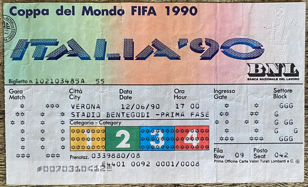 1990 ORIGINAL WORLD CUP 1ST ROUND TICKET BELGIUM V SOUTH KOREA @ VERONA
