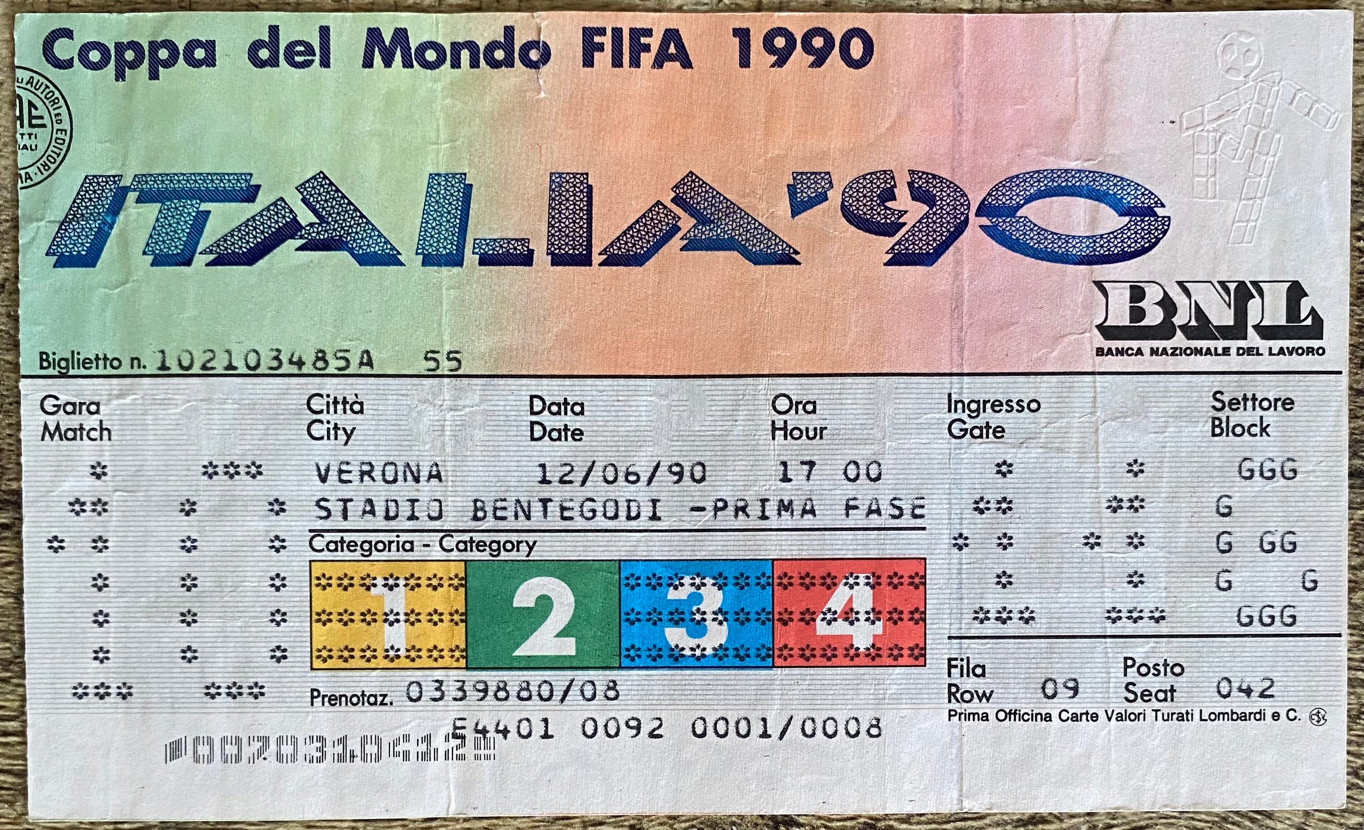 1990 ORIGINAL WORLD CUP 1ST ROUND TICKET BELGIUM V SOUTH KOREA @ VERONA