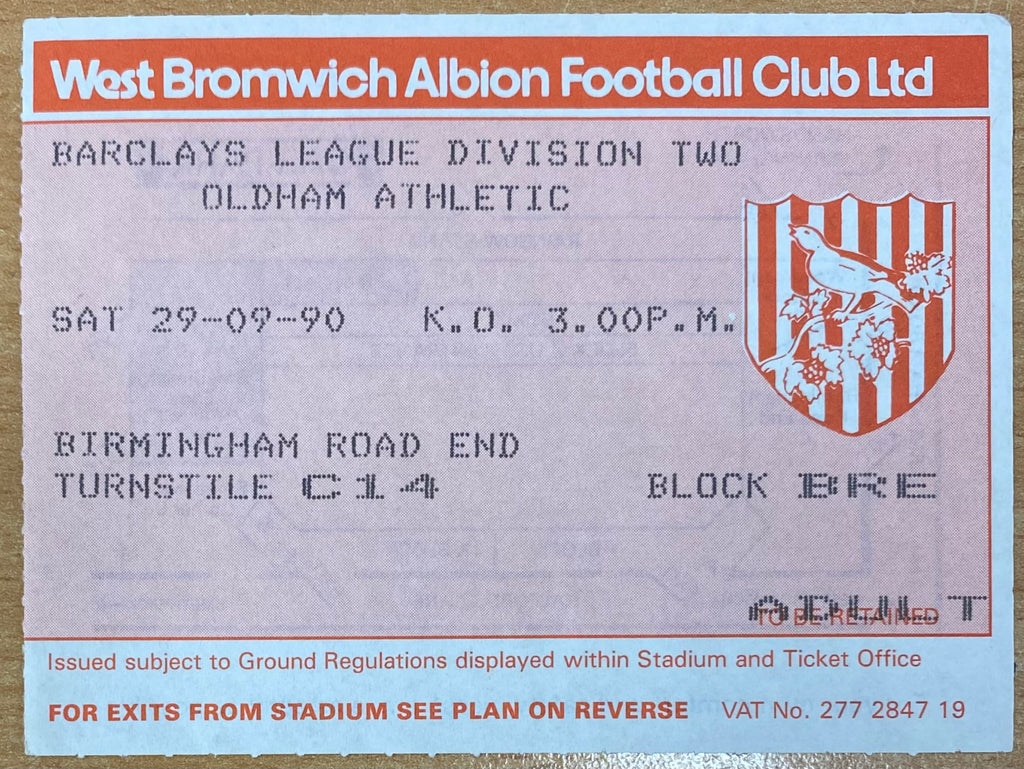 1990/91 ORIGINAL DIVISION 2 TICKET WEST BROMWICH ALBION V OLDHAM ATHLETIC