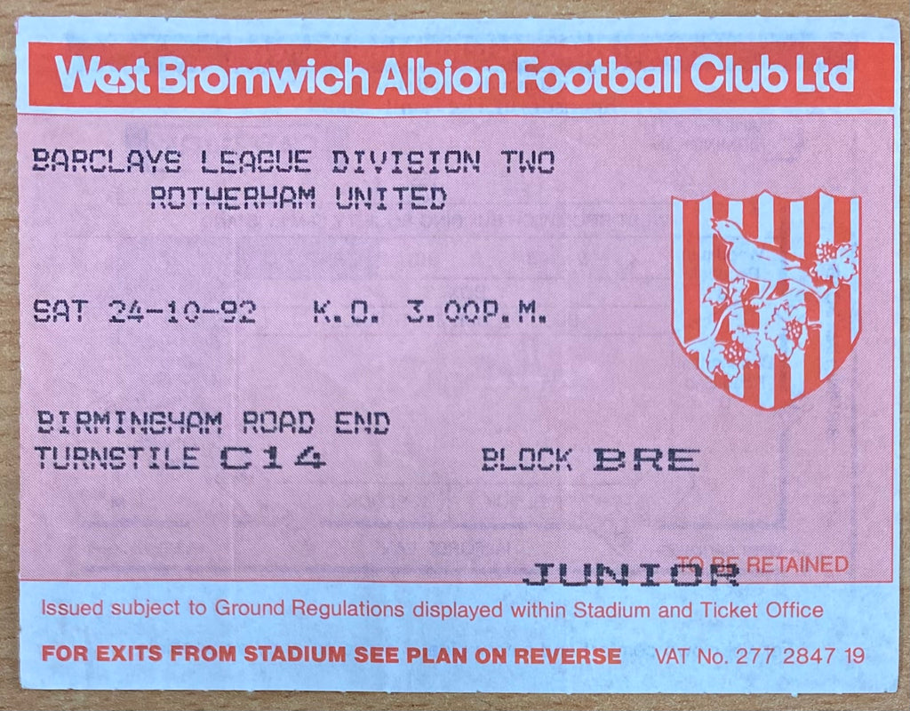 1992/93 ORIGINAL DIVISION 2 TICKET WEST BROMWICH ALBION V ROTHERHAM UNITED
