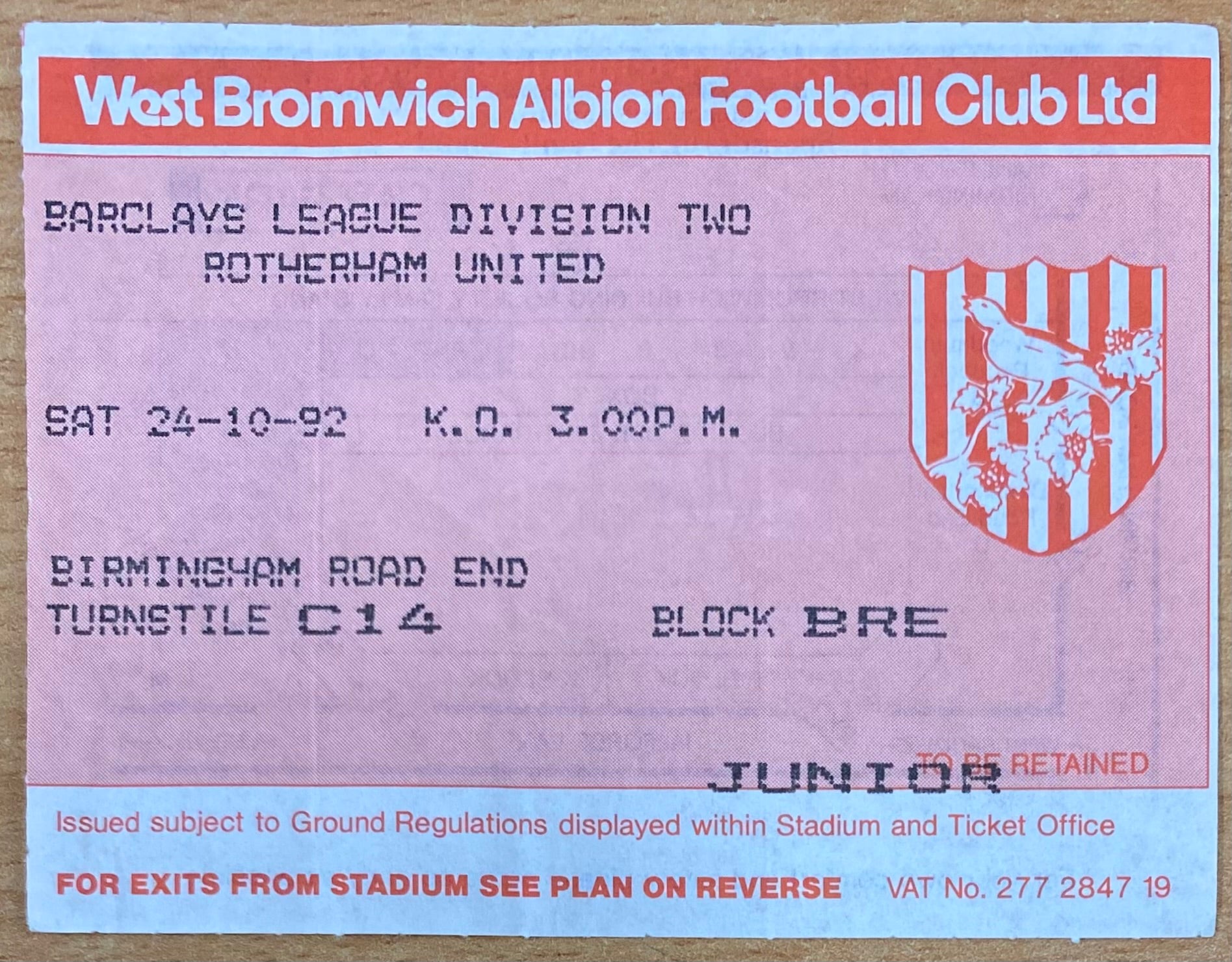 1992/93 ORIGINAL DIVISION 2 TICKET WEST BROMWICH ALBION V ROTHERHAM UNITED