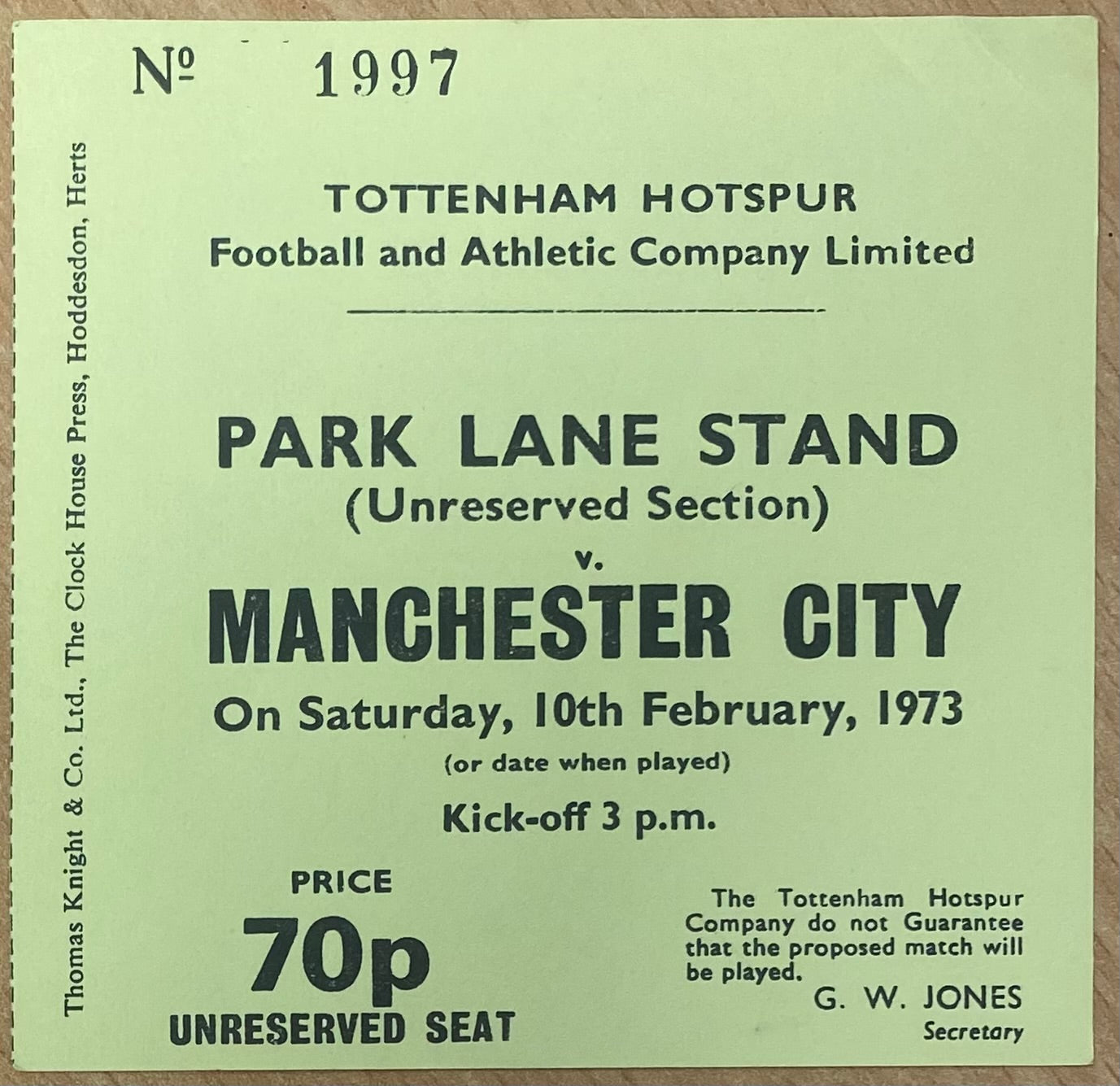 1972/73 ORIGINAL DIVISION ONE TICKET TOTTENHAM HOTSPUR V MANCHESTER CITY