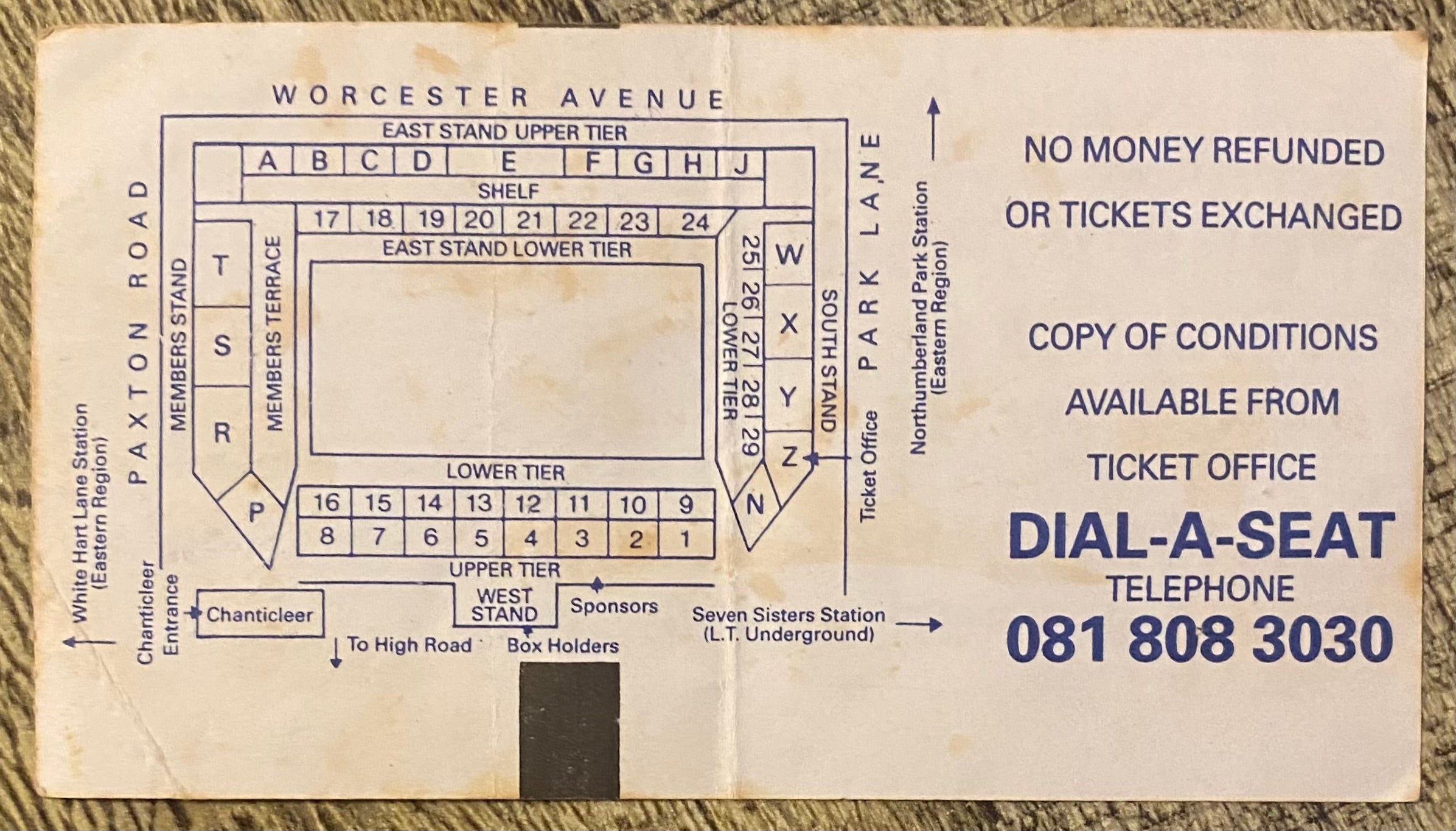1992/93 ORIGINAL PREMIER LEAGUE TICKET TOTTENHAM HOTSPUR V IPSWICH TOWN