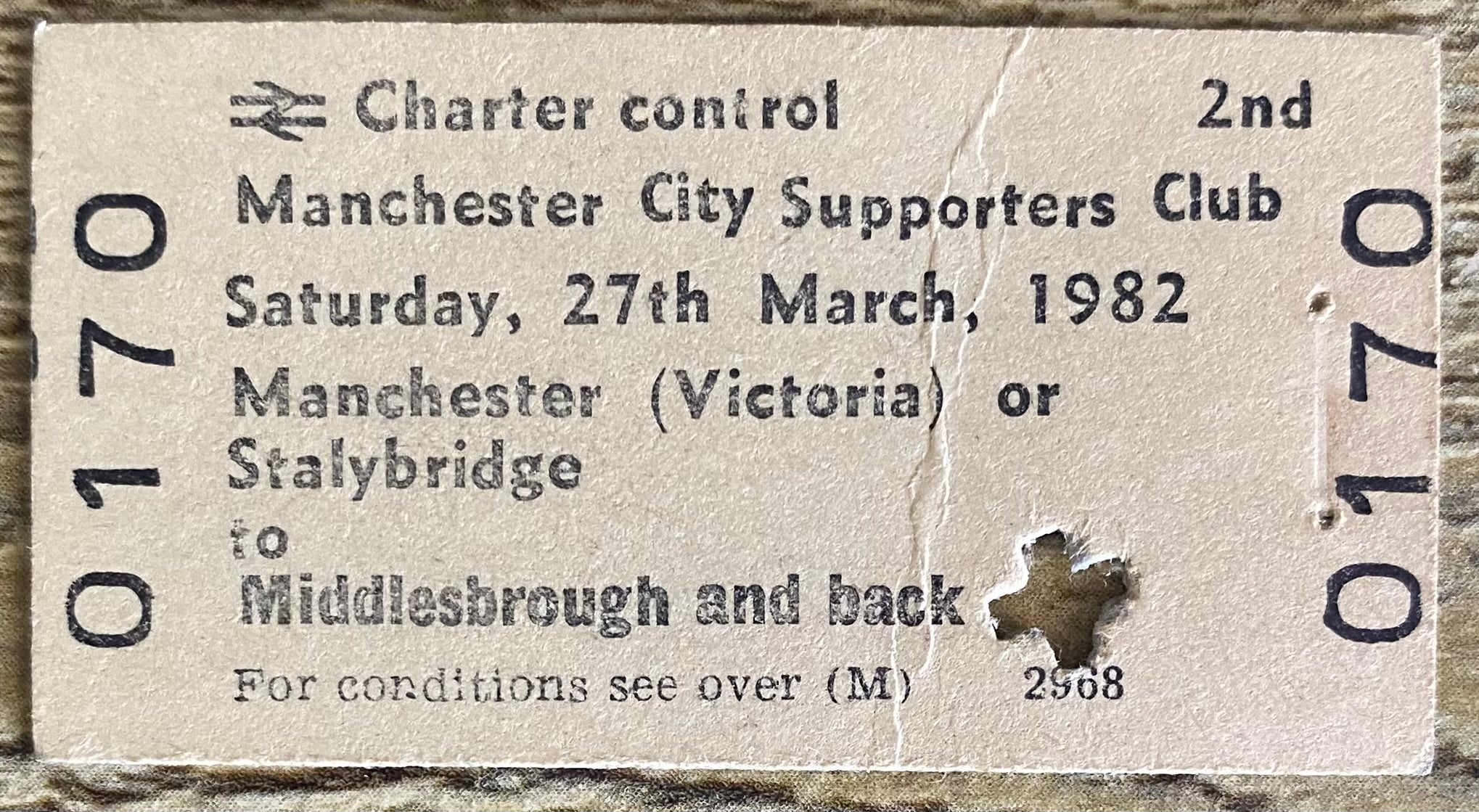 1982 ORIGINAL FOOTBALL SPECIAL BRITISH RAIL TRAIN TICKET MANCHESTER CITY TRAVELLING TO MIDDLESBROUGH