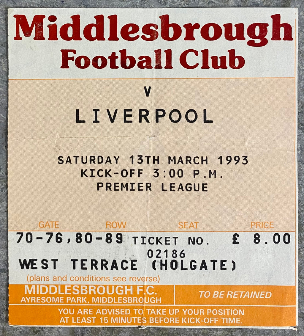 1992/93 ORIGINAL PREMIER LEAGUE TICKET MIDDLESBROUGH V LIVERPOOL