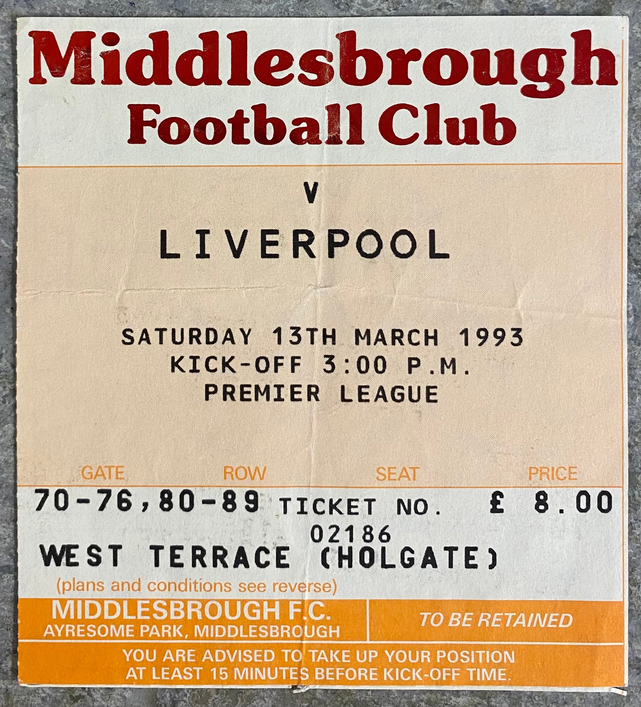 1992/93 ORIGINAL PREMIER LEAGUE TICKET MIDDLESBROUGH V LIVERPOOL