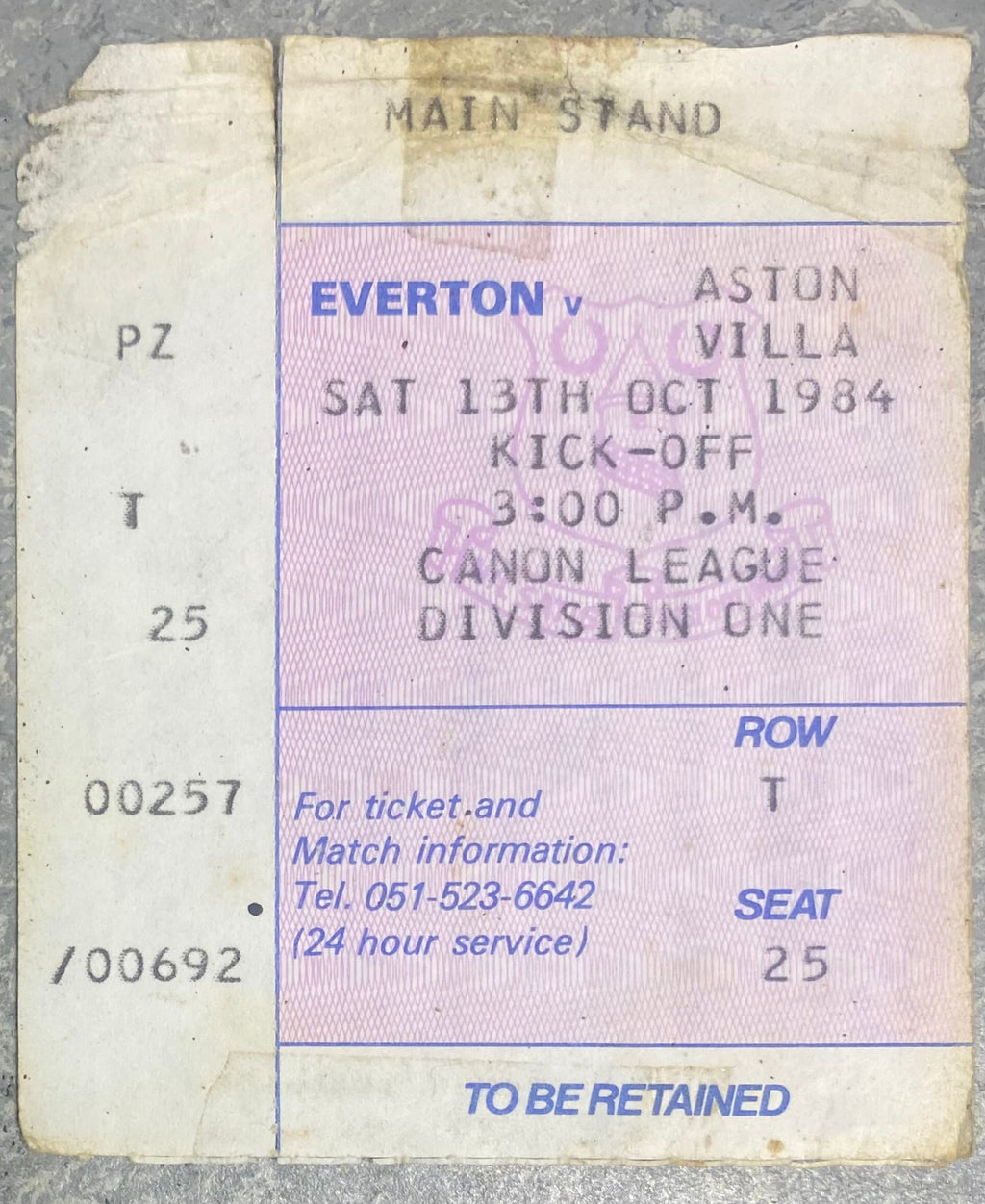 1984/85 ORIGINAL DIVISION ONE TICKET EVERTON V ASTON VILLA