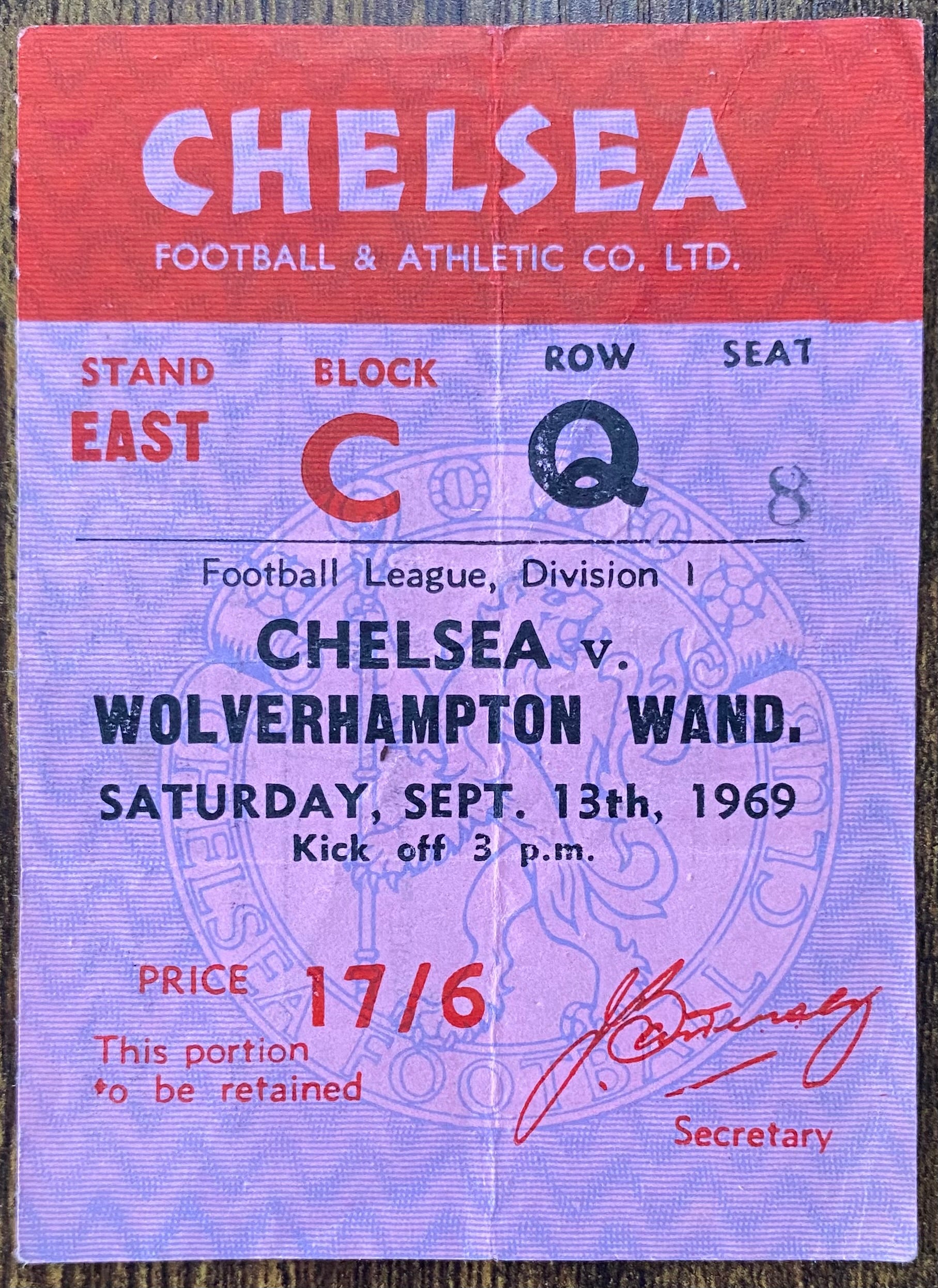 1969/70 ORIGINAL DIVISION 1 TICKET CHELSEA V WOLVERHAMPTON WANDERERS