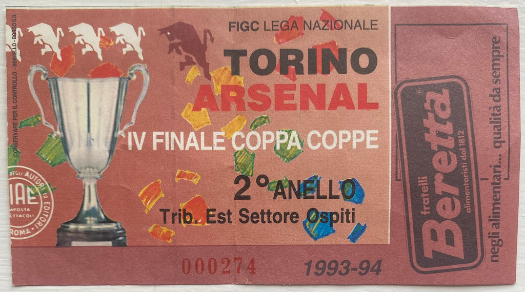 1993/94 ORIGINAL EUROPEAN CUP WINNERS CUP QUARTER FINAL 1ST LEG TICKET TORINO V ARSENAL