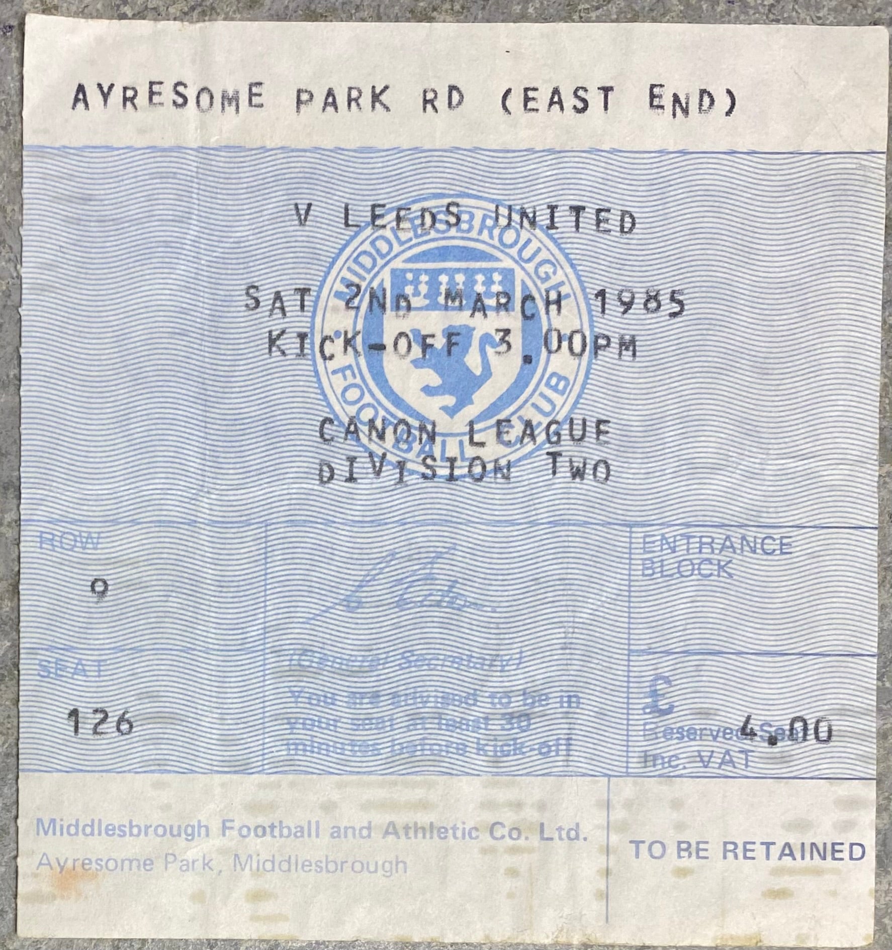 1984/85 ORIGINAL DIVISION TWO TICKET MIDDLESBROUGH V LEEDS UNITED