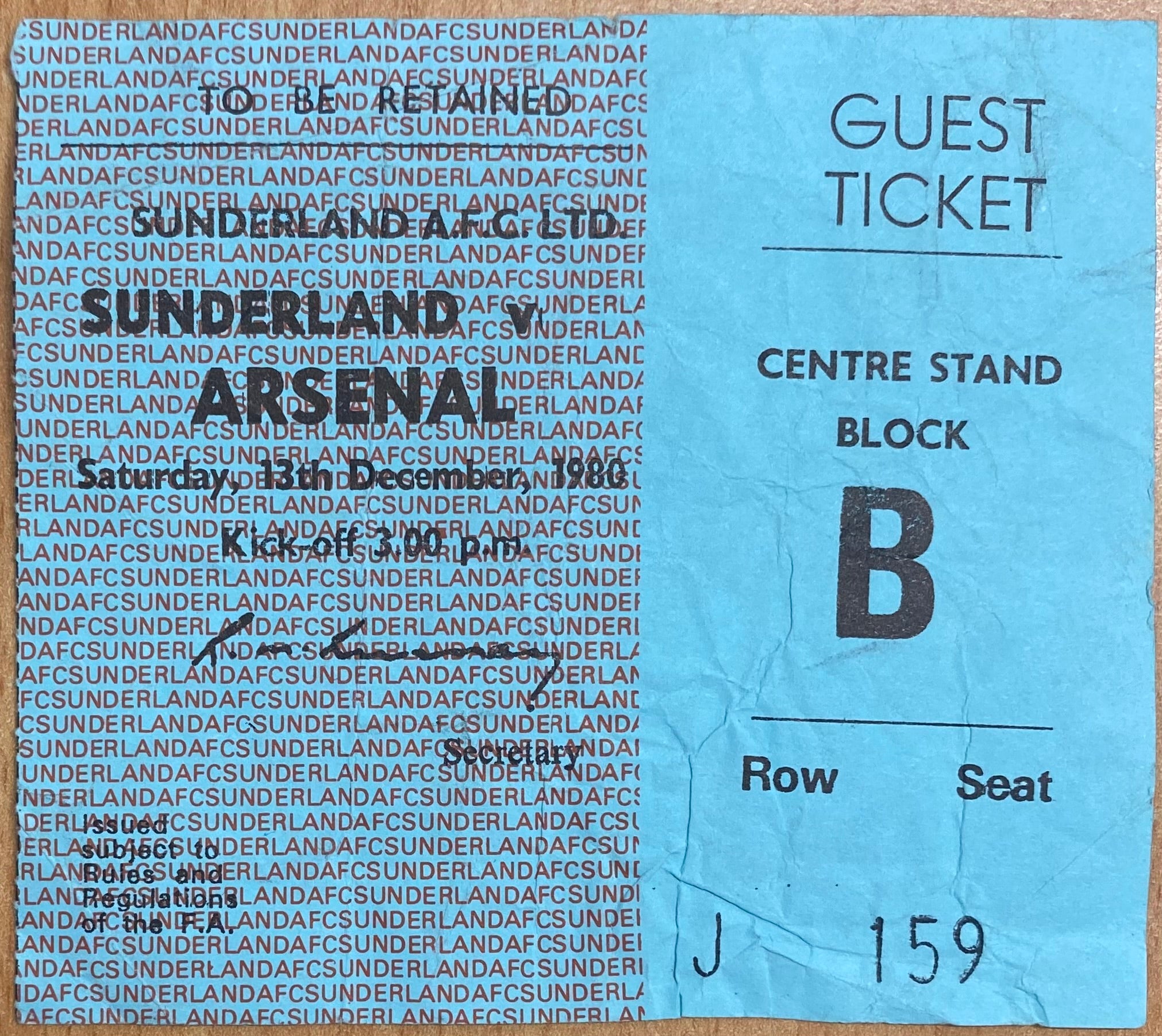 1980/81 ORIGINAL DIVISION 1 TICKET SUNDERLAND V ARSENAL