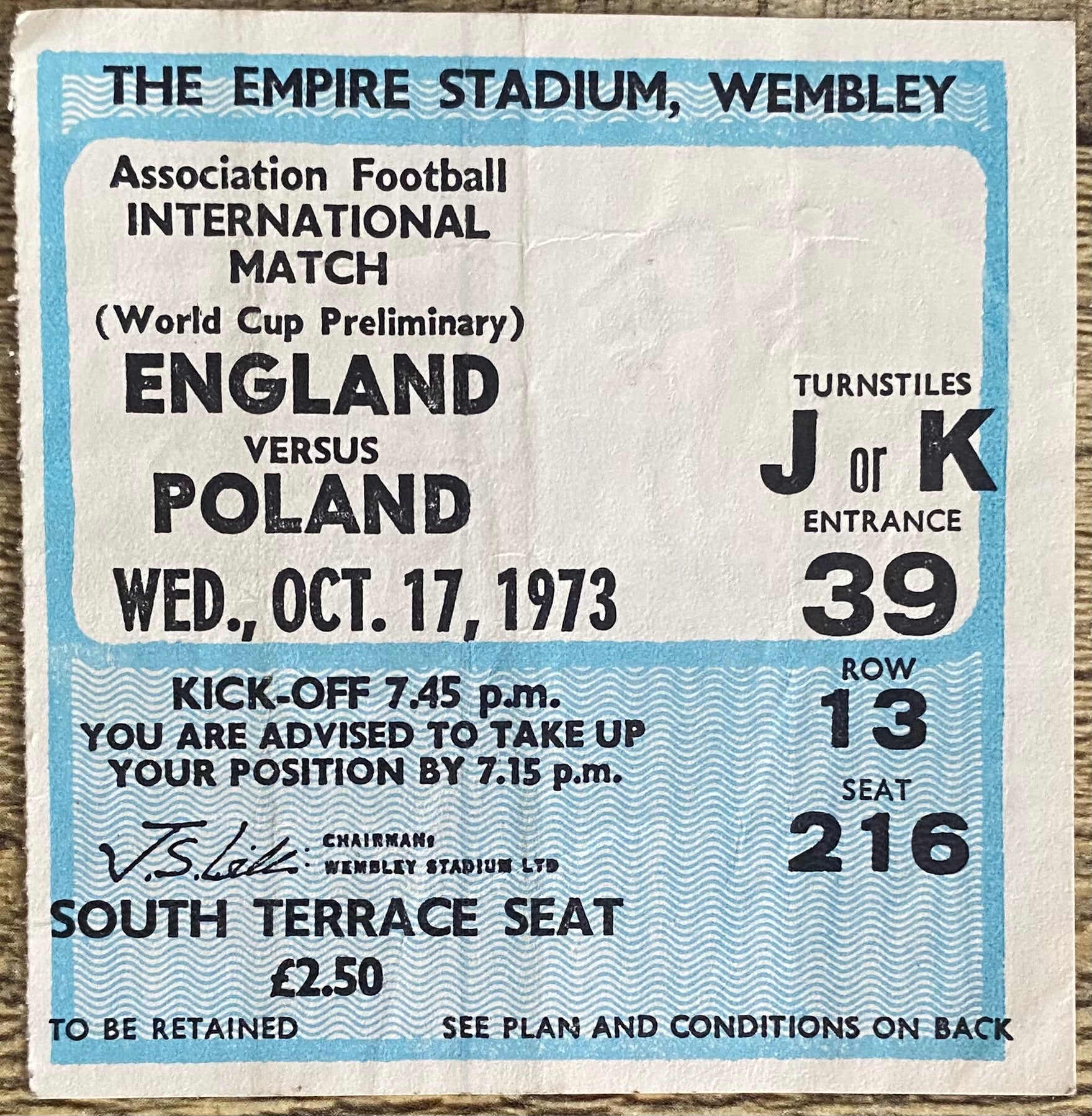 1973 ORIGINAL WORLD CUP QUALIFYING TICKET ENGLAND V POLAND