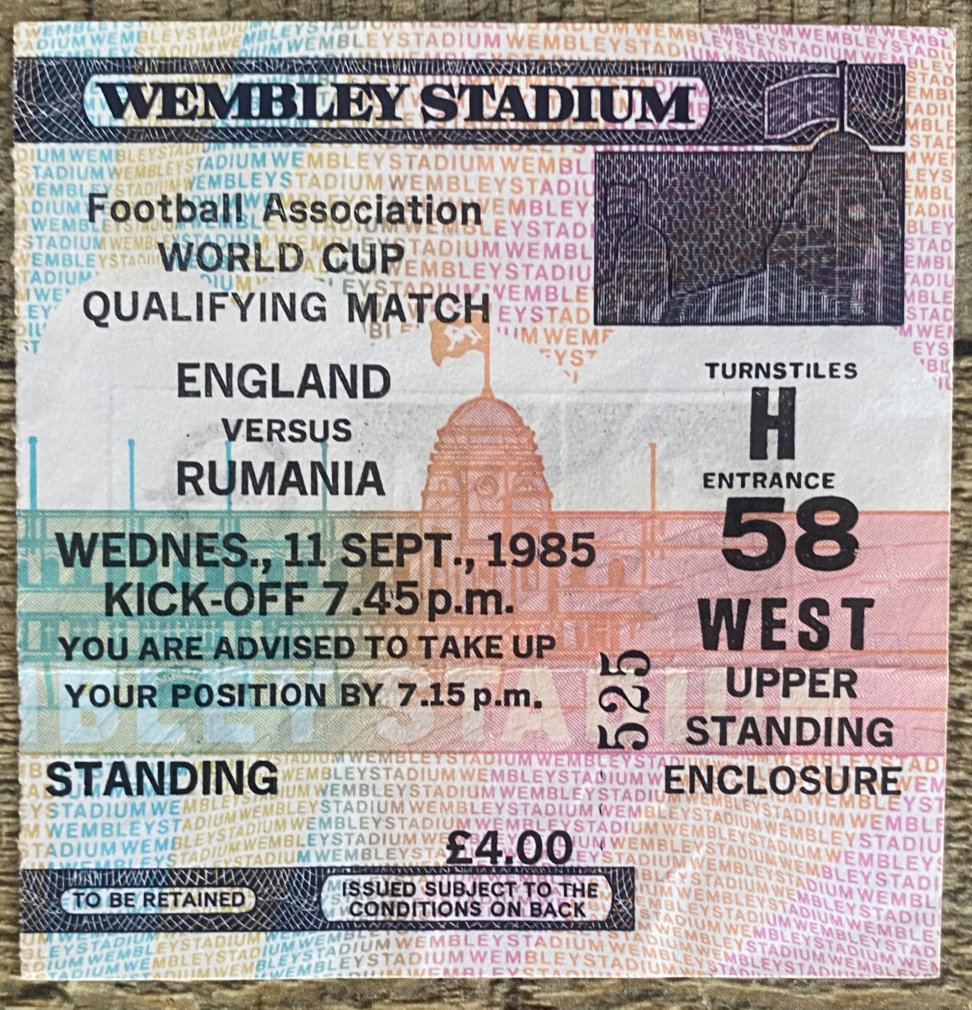 1985 ORIGINAL WORLD CUP QUALIFYING TICKET ENGLAND V ROMANIA