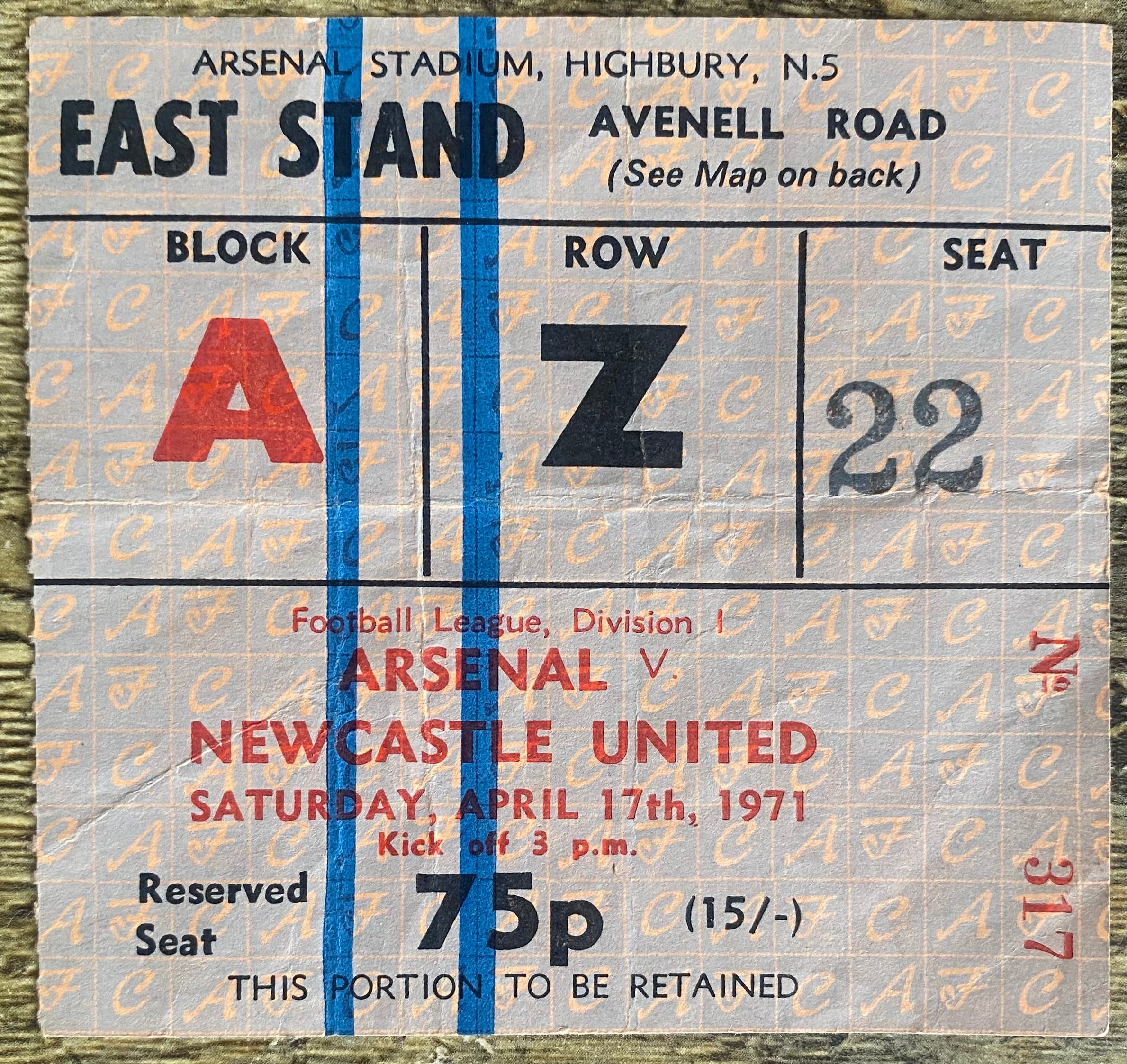 1970/71 ORIGINAL DIVISION ONE TICKET ARSENAL V NEWCASTLE UNITED