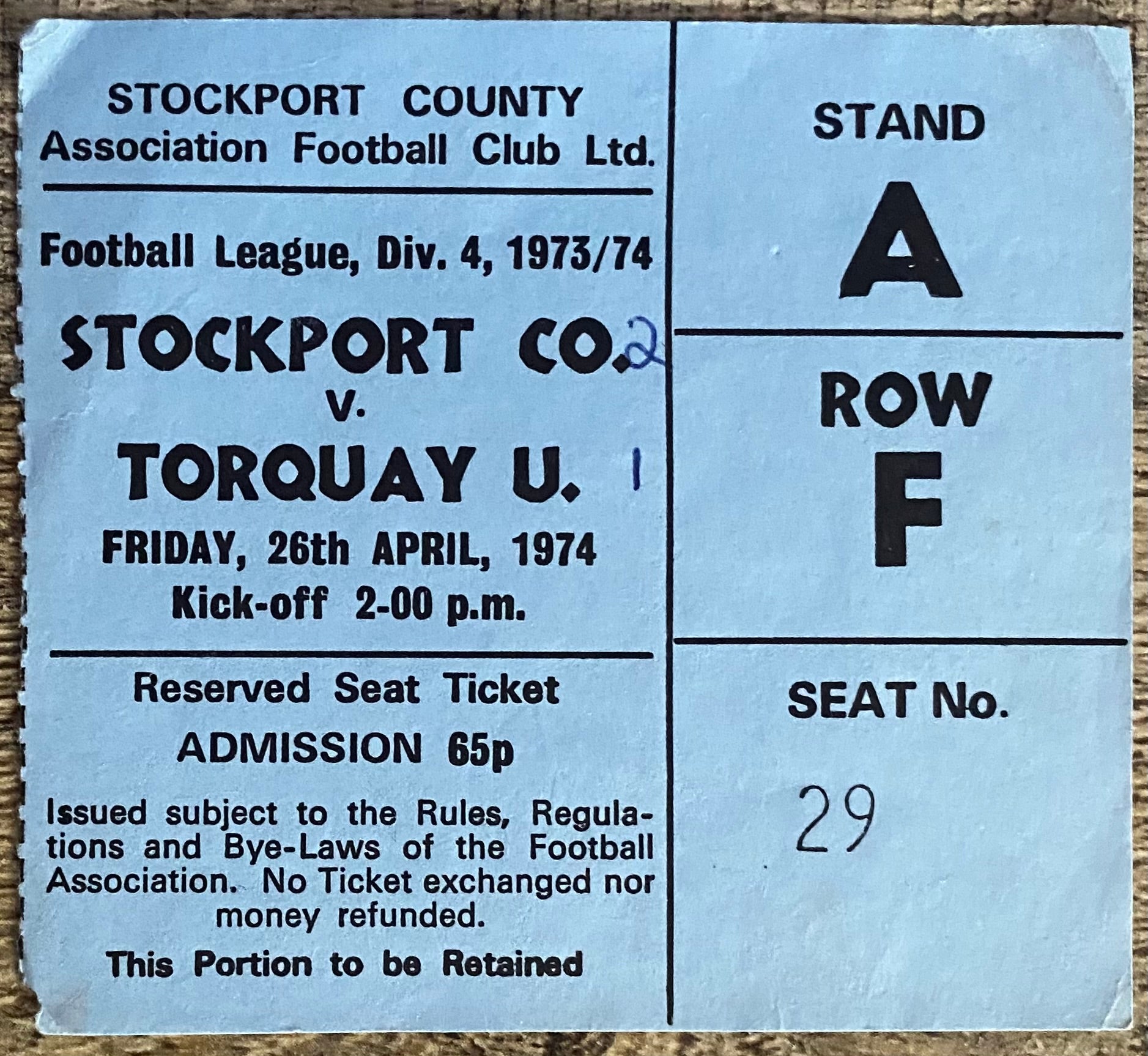 1973/74 ORIGINAL DIVISION 4 TICKET STOCKPORT COUNTY V TORQUAY UNITED