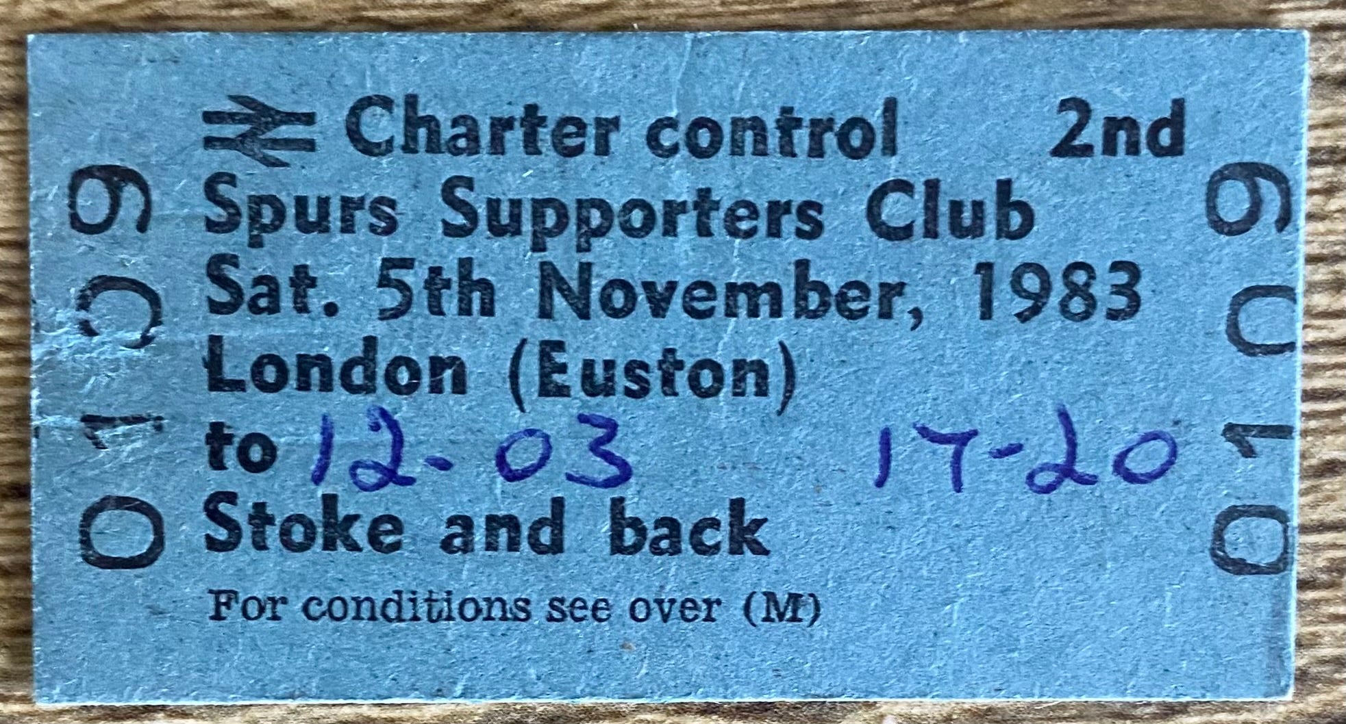 1983 ORIGINAL FOOTBALL SPECIAL BRITISH RAIL TRAIN TICKET TOTTENHAM HOTSPUR TRAVELLING TO STOKE CITY