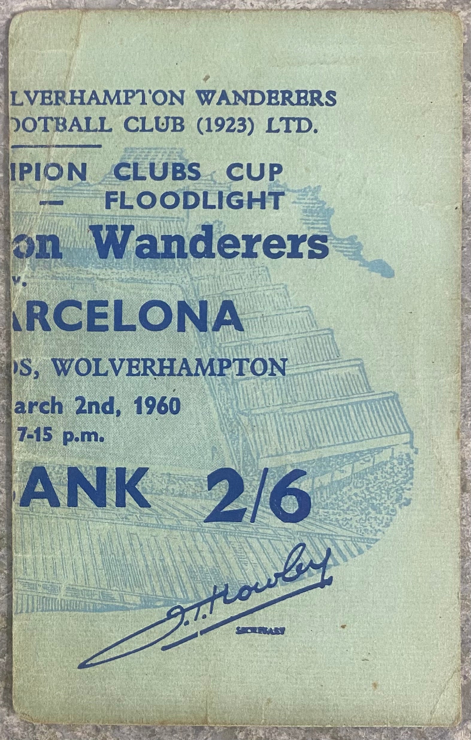 1959/60 ORIGINAL EUROPEAN CUP QUARTER FINAL 2ND LEG TICKET WOLVERHAMPTON WANDERERS V BARCELONA