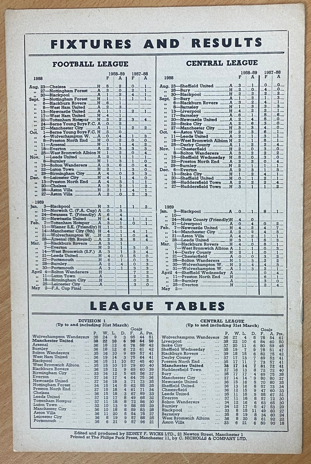 1958/59 ORIGINAL DIVISION ONE PROGRAMME MANCHESTER UNITED V BOLTON WANDERERS